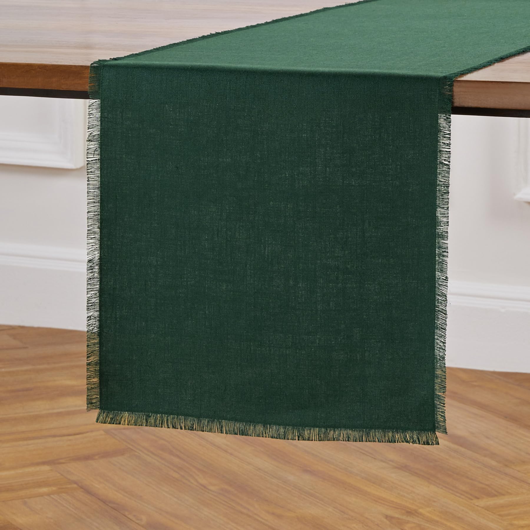 Solino Home Linen Evergreen Table Runner 36 Inches - Fringe, 100% Pure Linen Small Table Runner 14 x 36 Inch Ideal for Dresser and Coffee Tables -
