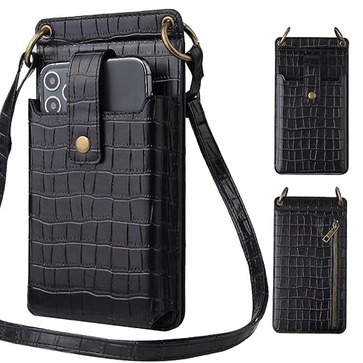 Sunyuer PU Leather Crossbody Cell Phone Bag for Women, Purse with Credit Card Slots and Mirror, Suit For iPhone Samsung Most Smartphone (Black)