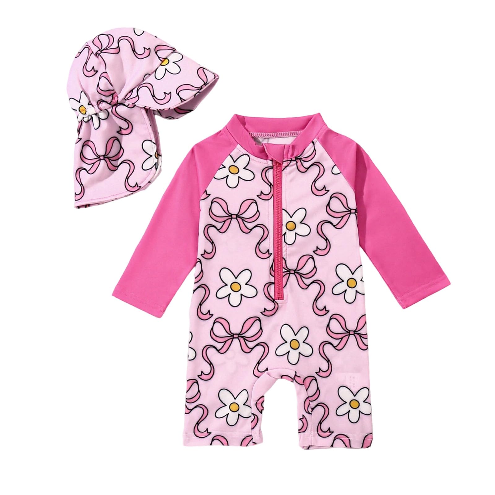 Badeanzug für Mädchen UPF50+ UV-Schutz Kleidung Baby Badebekleidung mit Sonnenkappe Langarm Cartoon Print Reißverschluss Einteiliger Schwimmanzug Sonnenschutz Schnelltrocknender Bademode