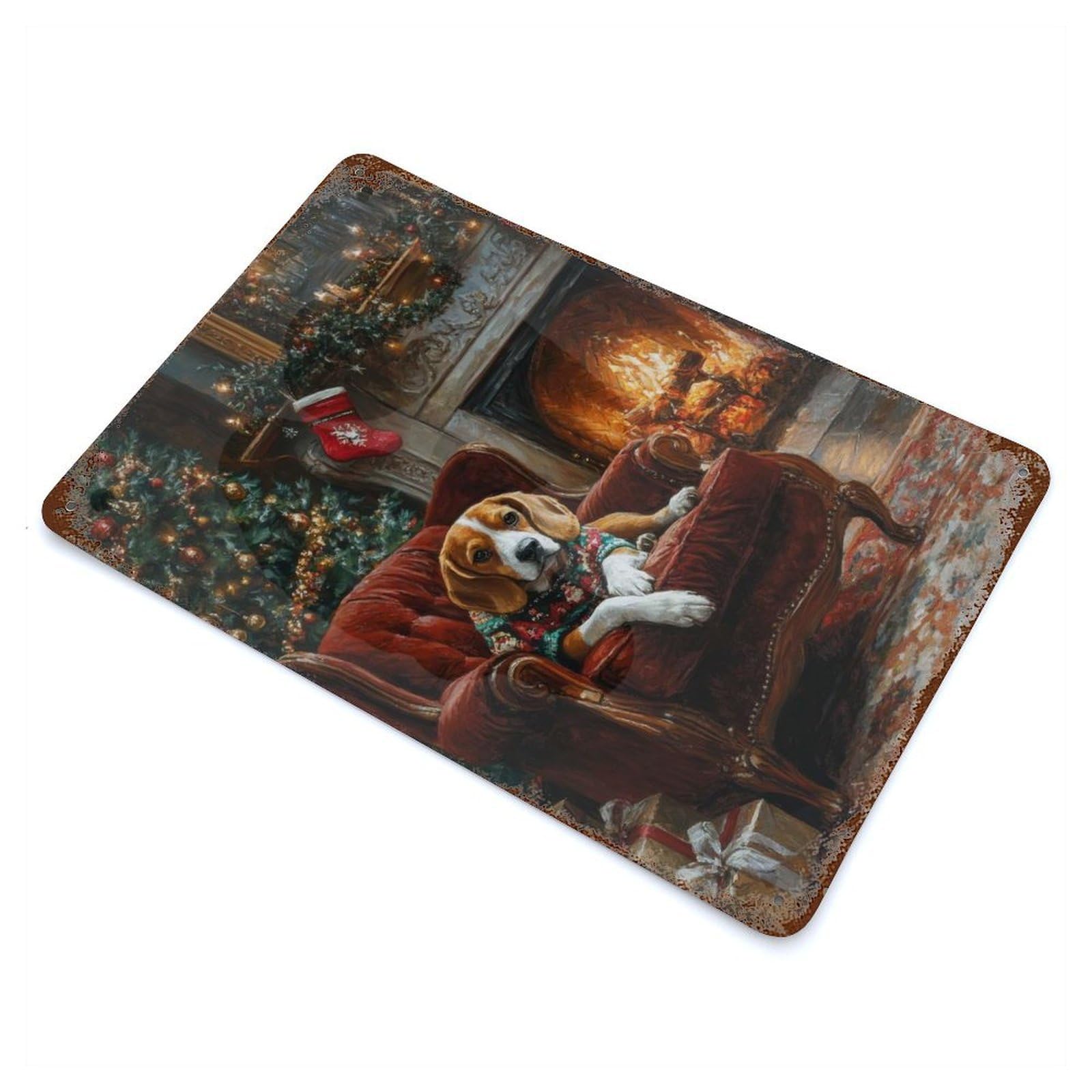 Distressed Metal Wall Sign Dog in Christmas Sweater Beagle Waiting for Santa 11.8"x7.9", Vintage Wall Decor for Garage, Bar And Workshop Decor