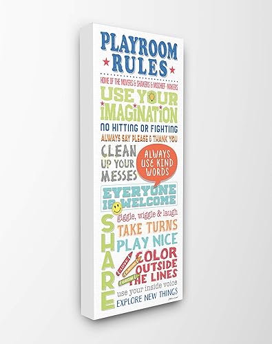 Stupell Industries Playroom Rules - Lienzo decorativo para pared, tipografía colorida, blanco, azul, verde y rojo, 13 x 30 pulgadas, giclée