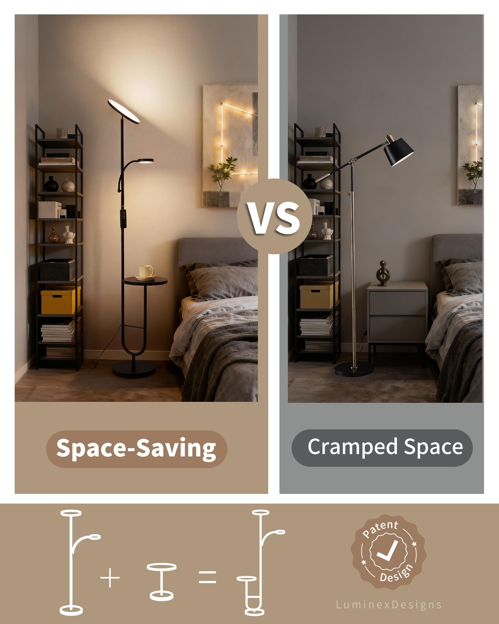 Lámpara de Pie LED con Mesa, 36W+7W Regulable 3200LM+600LM con Mando, Cabezal Giratorio 350°, 2700K-6500K, Lámpara Moderna para Salón Negra