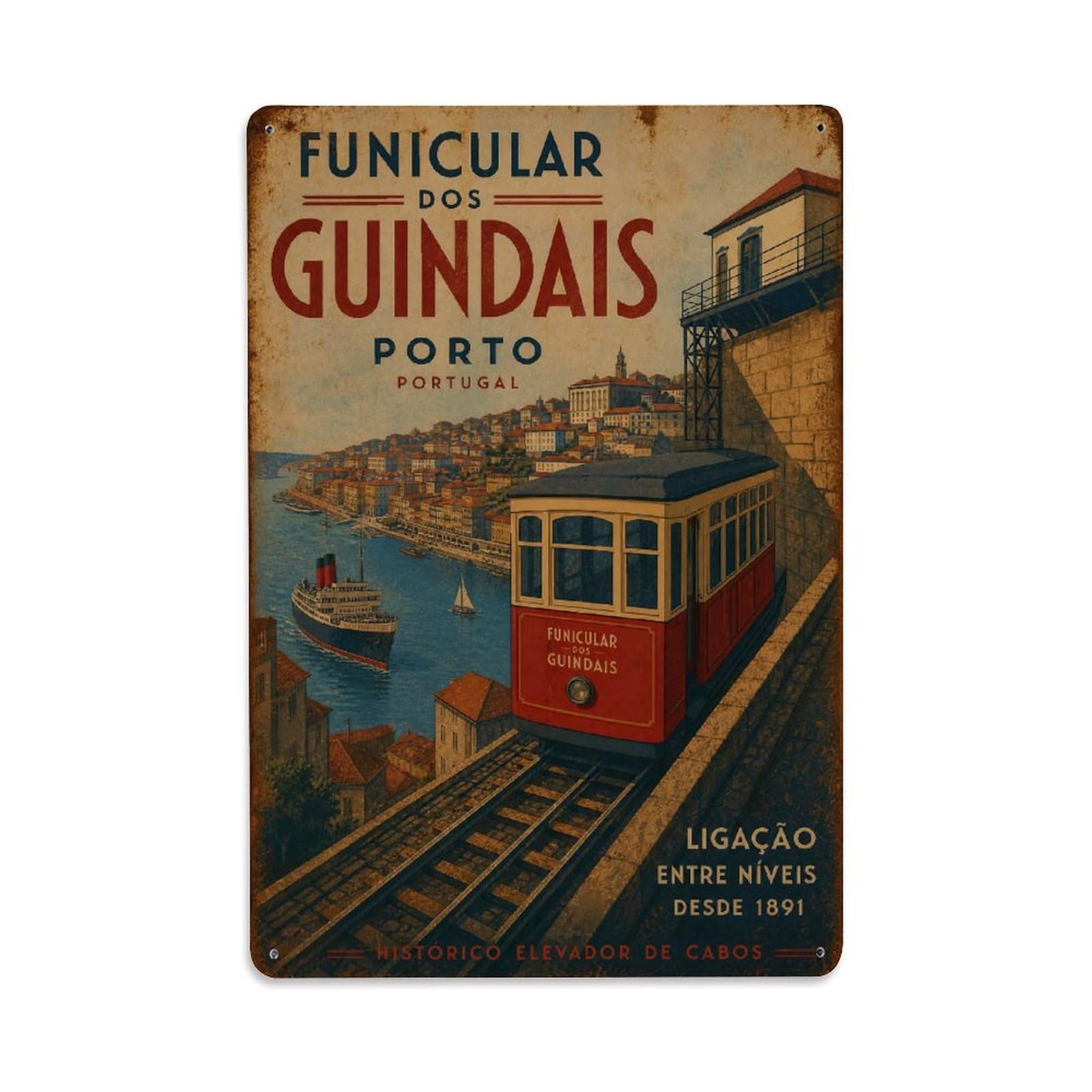 Vintage Travel Funicular Guindais Cable Railway Portugal Metal Tin Sign Wall Decor for Cafe, Club, Garden Metal Poster 8x12Inch
