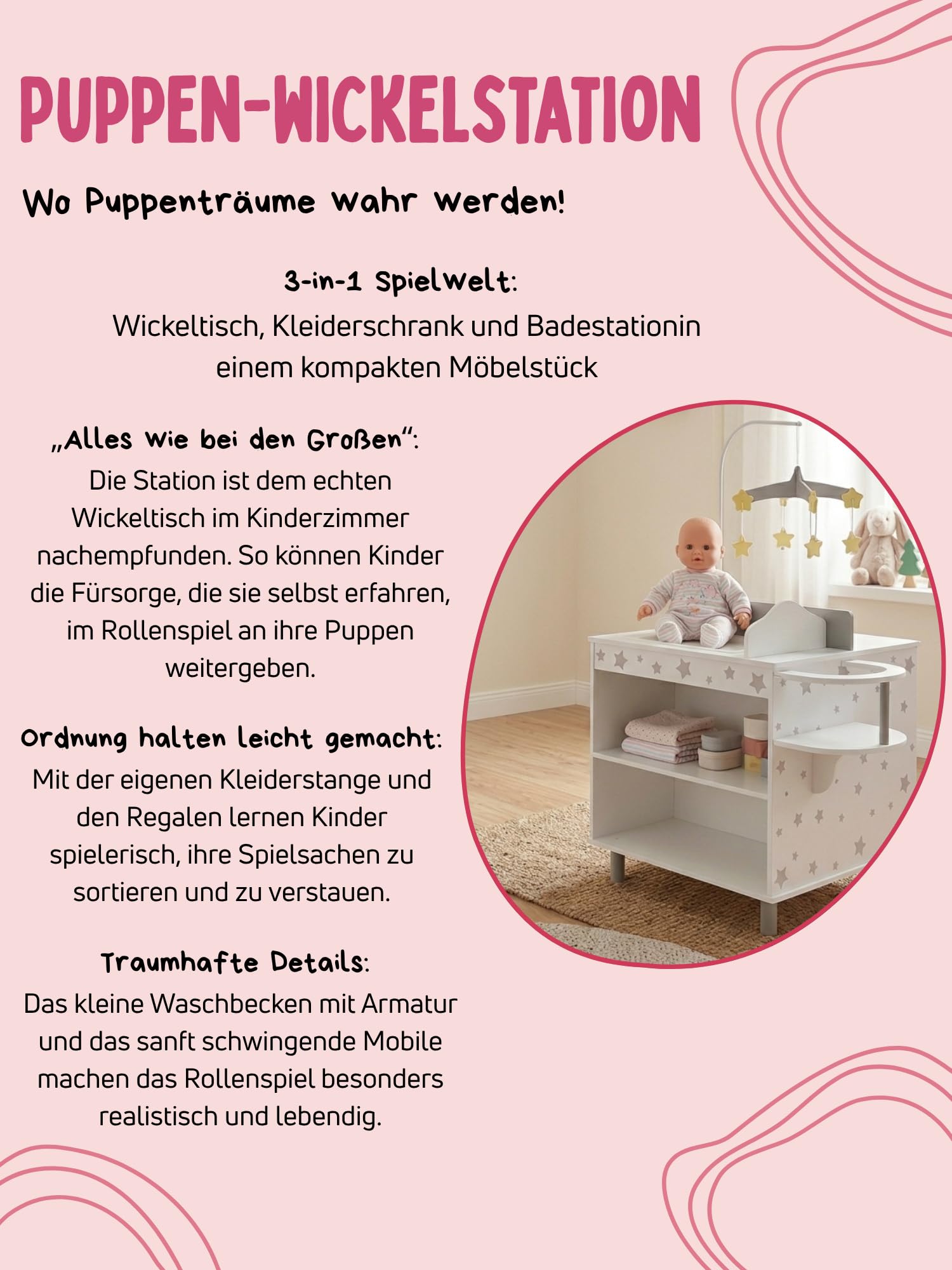 Bayer Chic 2000® Puppen Wickeltisch mit Zubehör – Wickelstation inkl. Hochstuhl, Ablagefächer, Badewaschbecken, Kleiderschrank & Mobile – Puppenmöbel ab 3 Jahren, Sternchen Grau