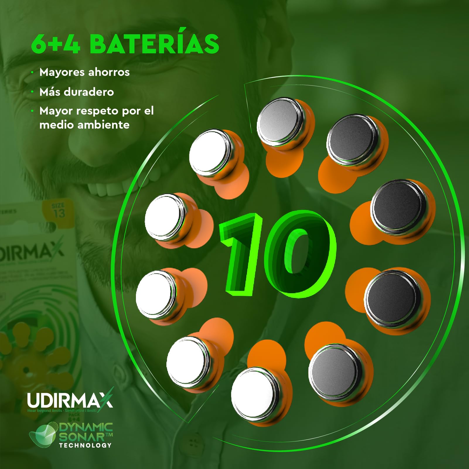 100 Pilas PR48 para Audífonos Tamaño 13 Naranja Udirmax Batteries Zinc Aire 1.45V Sin Mercurio con Tecnología Dynamic Sonar Paquete Eco 10 Blísters de 10 Pila