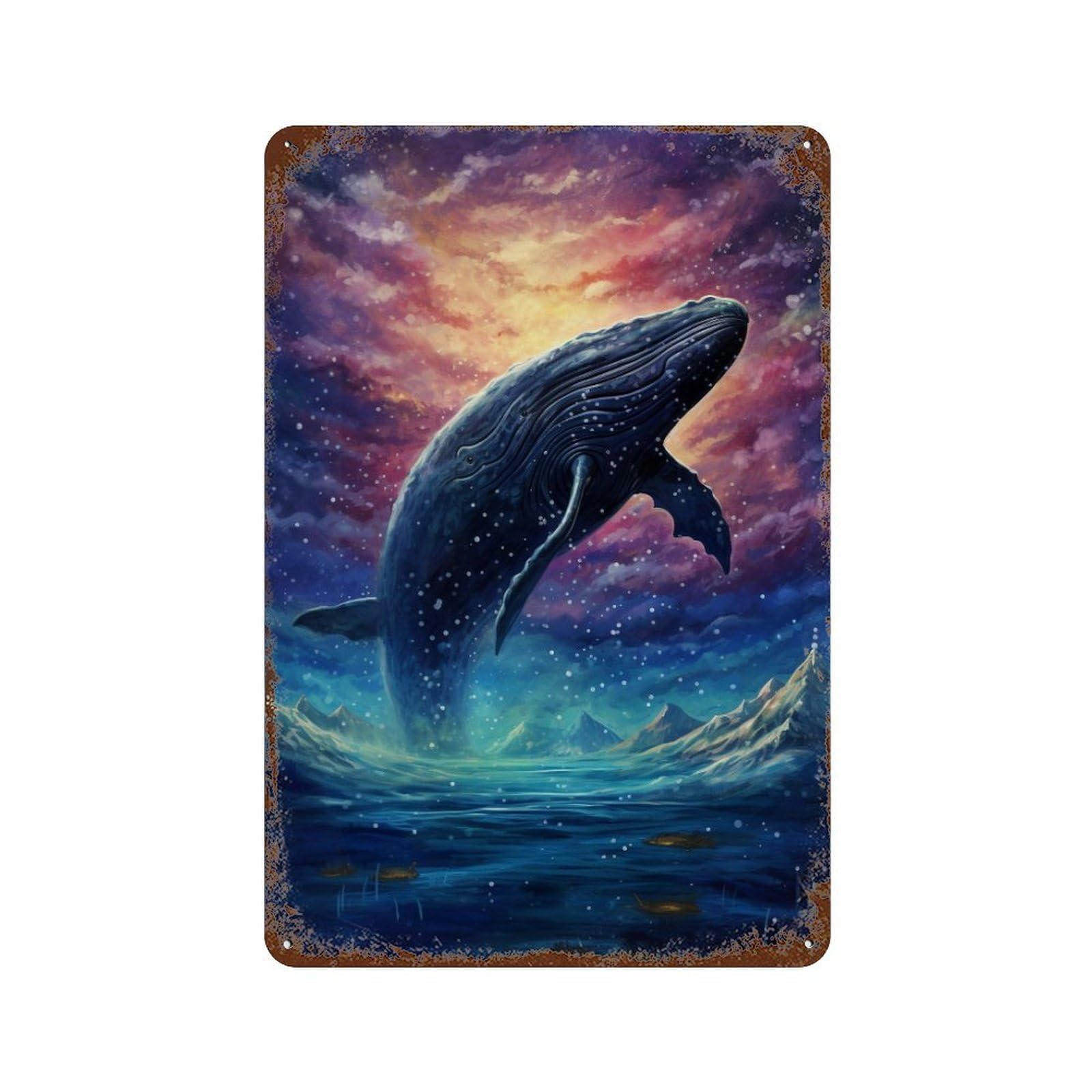 Garage Style Whale Breaching Fantasy Scene Distressed Metal Wall Sign 11.8"x7.9", Farmhouse Wall Decor for Bar And Workshop