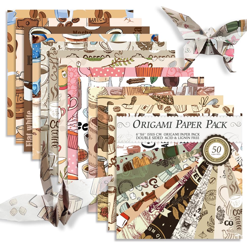 Square Origami Paper 6x6 Double Sided 50 Sheets 50 Colors 70GSM Origami Kit Japanese Chiyo Easy Fold Arts Crafts DIY Handwork Coffee