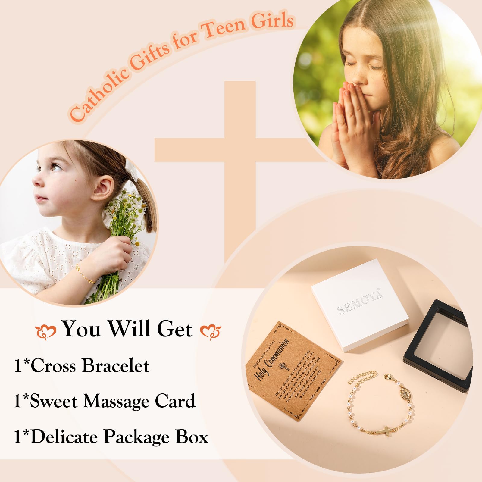 Catholic Bracelets Gifts for Women Girls, Simulated Pearl Rosary Beads Virgin Mary Cross Charm Bracelet Confirmation First Communion Baptism Religious Christian Jewelry Gift