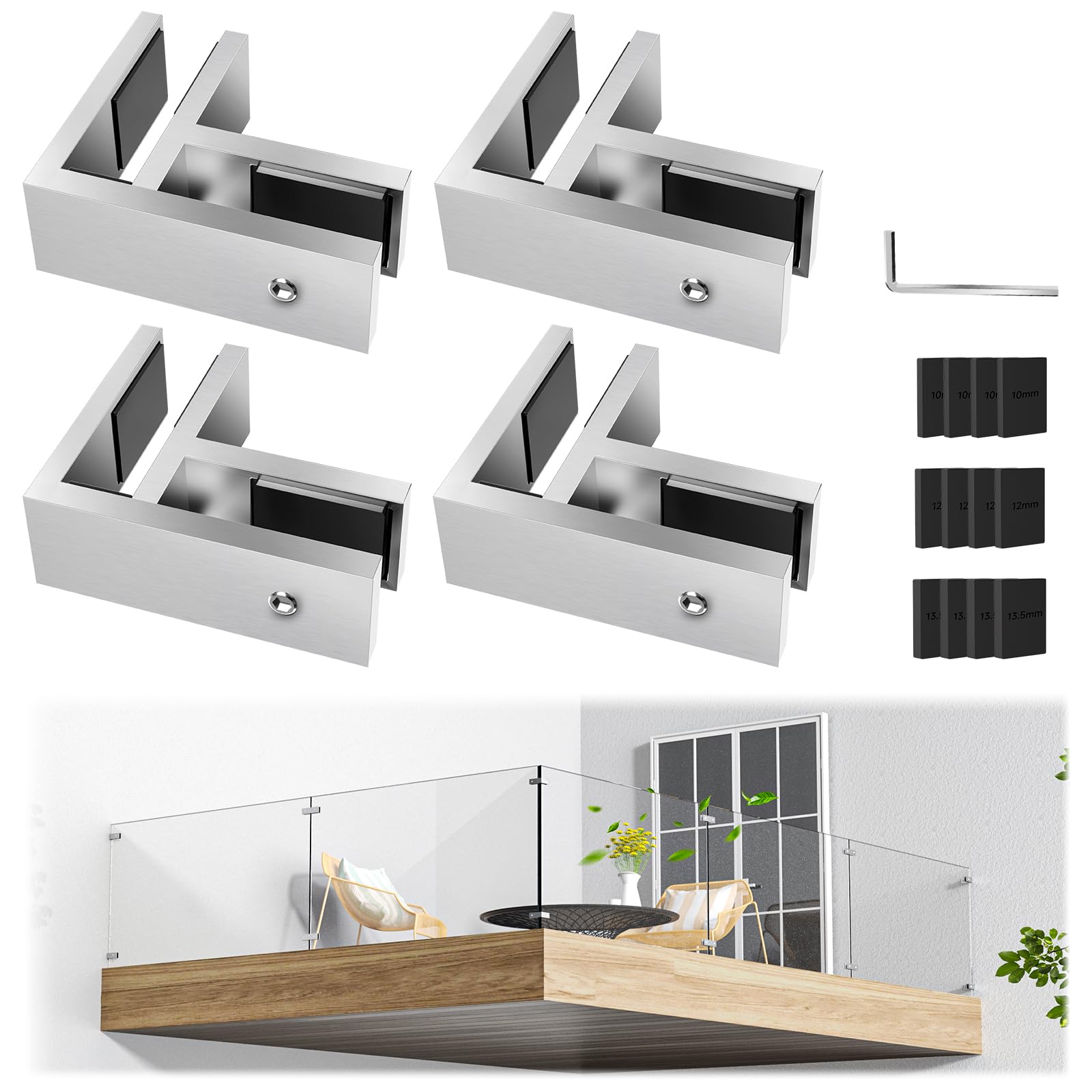 Gyykzz 4 Pack T304 Railing Glass to Glass Clamp, Stainless Steel Bracket for Balustrade, 90 Degree Brushed Finish Railing Clip Holder for Pool Fence, Balustrade, Balcony Deck — image 1