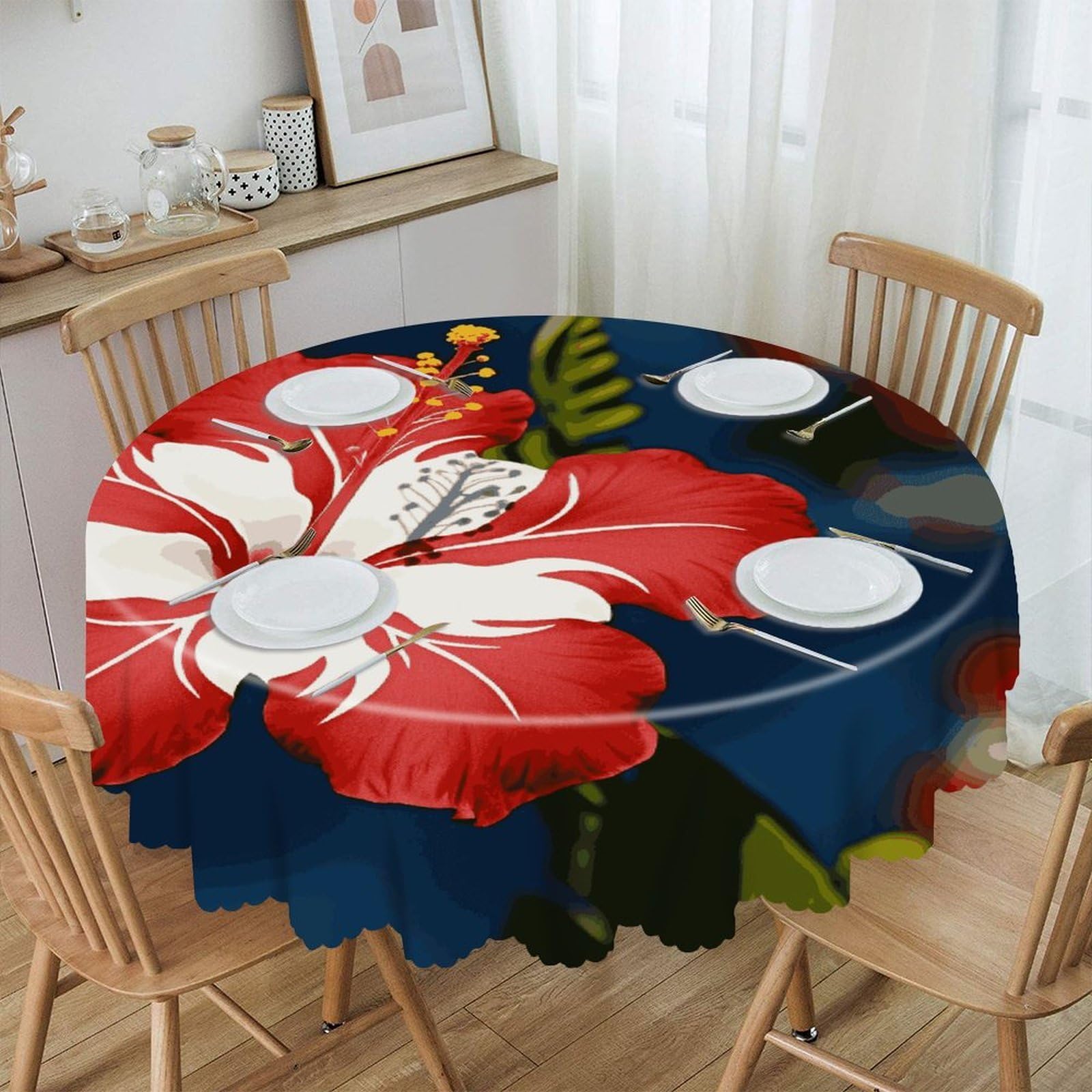 Btcowzrv Style Hawaii Flower Polyester Round Tablecloth 59.84 Inch, Decorative Washable Table Cover, Table Cloth For Restaurant Picnic Indoor And Outdoor Dining