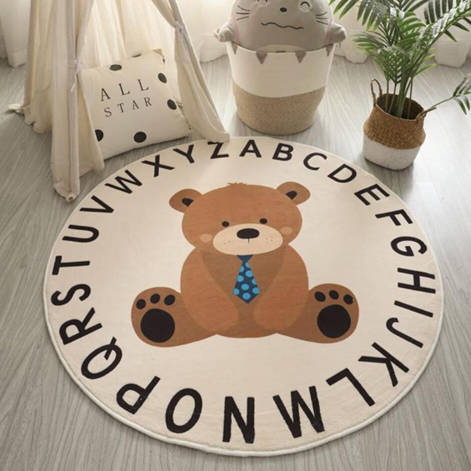 ABC Round Rug for Kids Soft Non-Slip Alphabet Nursery Carpet Kids Educational Learning Round Area Rug Playmat for Boys Girls Nursery Room Bedroom Living Room Deco (Bear,63in)