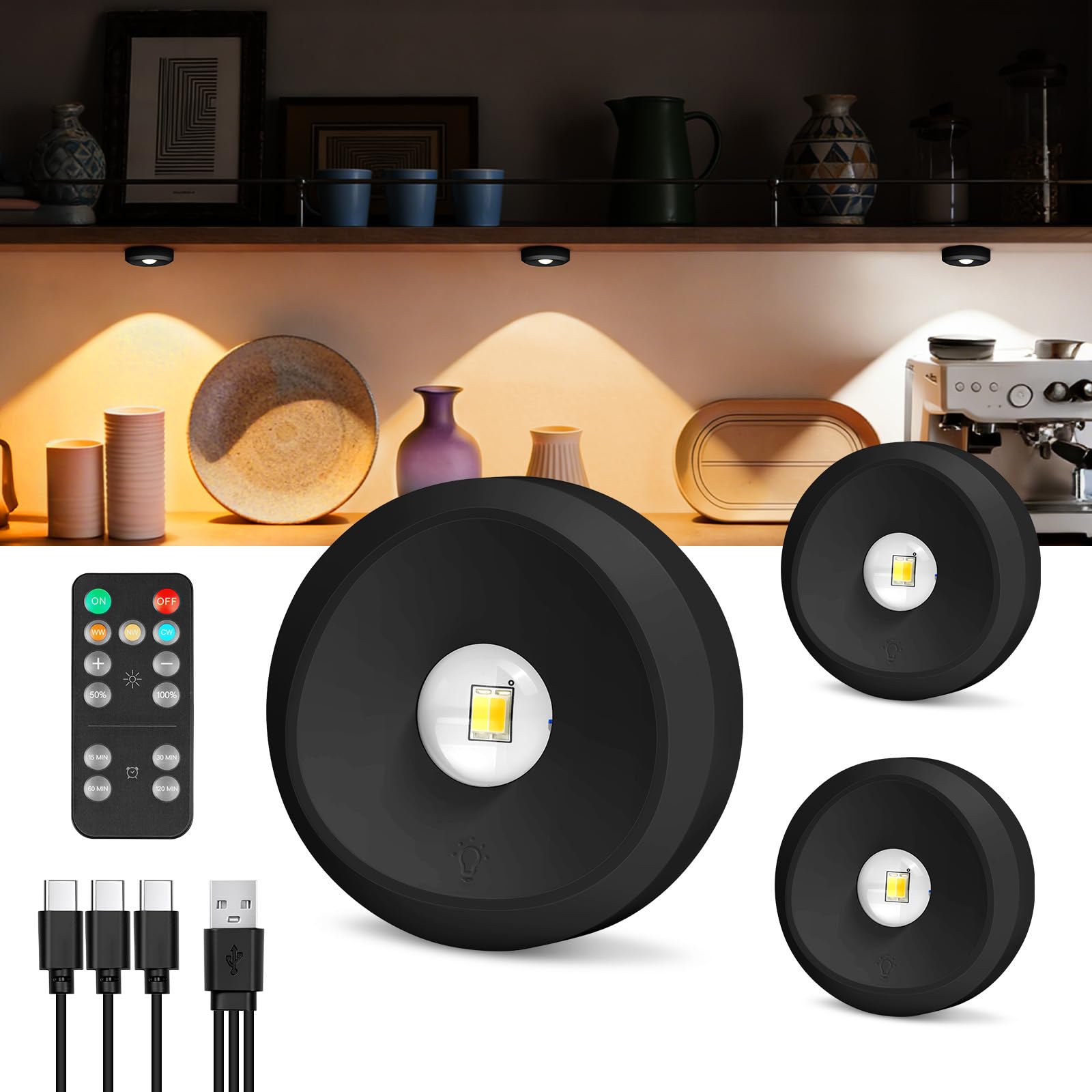 vsshe Under Cabinet Kitchen Lights, Cordless LED Touch Puck Light Rechargeable with Remote Control, 3 Color Temperatures, Timing Function, Magnetic and Stick on Lights for Cupboards, Cabinets, Closet