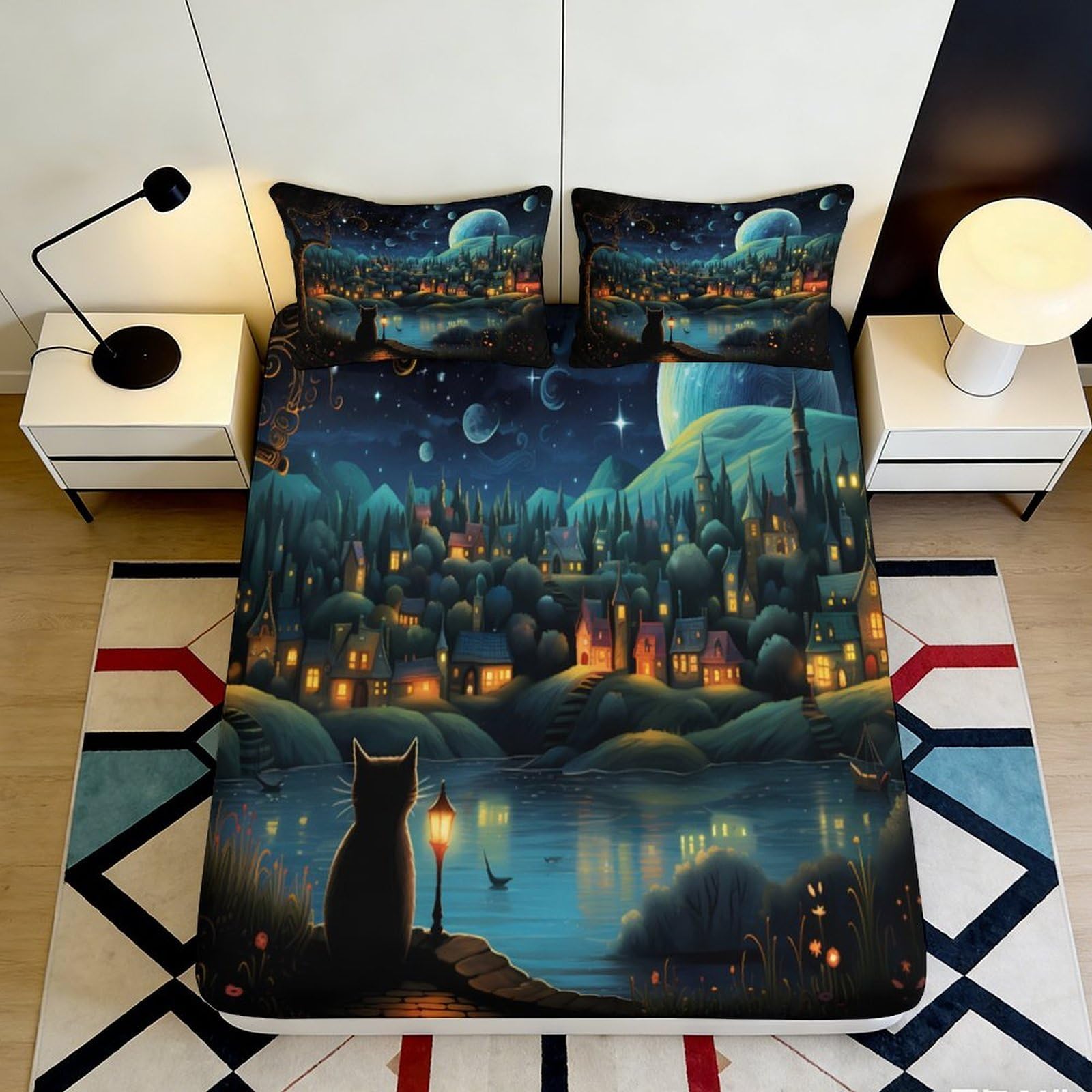 Jqzkxnhpbr Style-10 3D Printed Night Cityscape Fitted Sheet Microfiber Soft Black Cat Moon Mattress Cover For Bedroom Dorm Decor 90X200x25cm