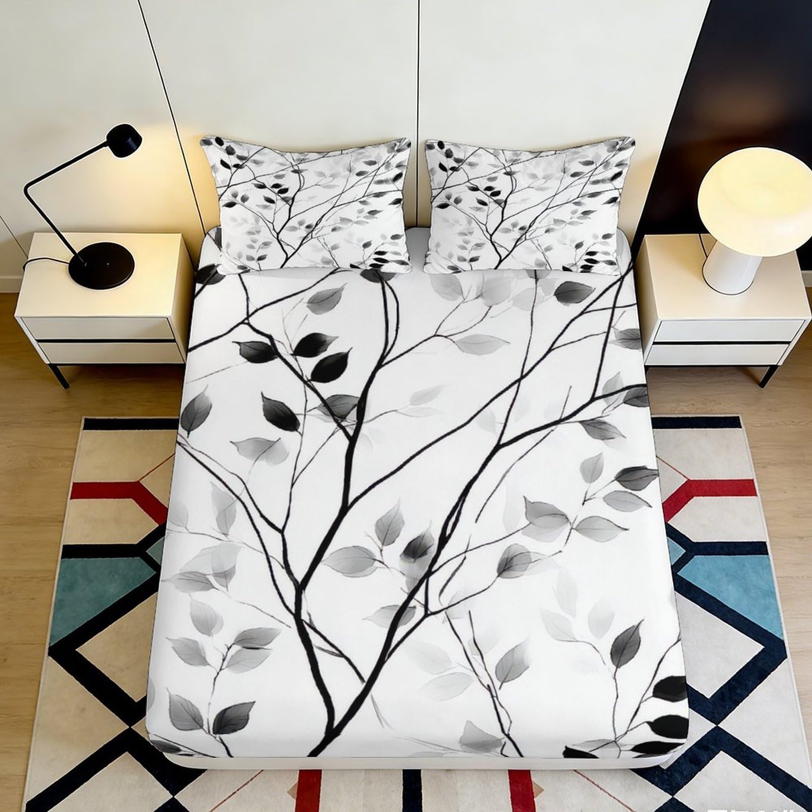 3D Printed Monochrome Botanical Fitted Sheet Microfiber Soft Breathable Black Leaf Mattress Cover Bedroom Decor 90x200x25cm