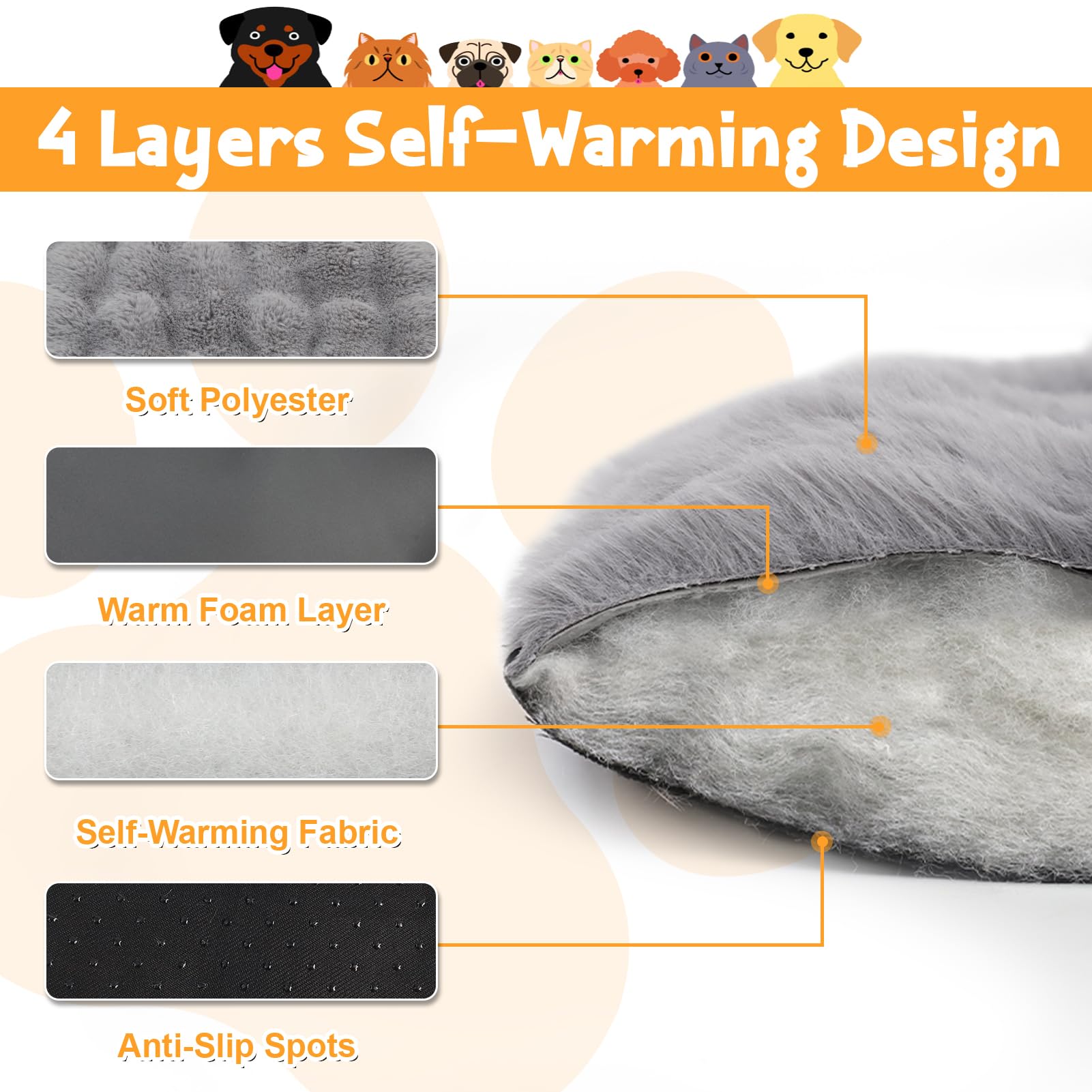 Wdmiya Selbstheizende Haustierdecke 90x60cm, Decke für Katzen & Hunde, Katzendecken Hundedecken Geräuschlos, Washbar Flauschig Selbstwärmende Thermodecke ohne Strom Kabel, Auto Haustier Decke(Grau, L)