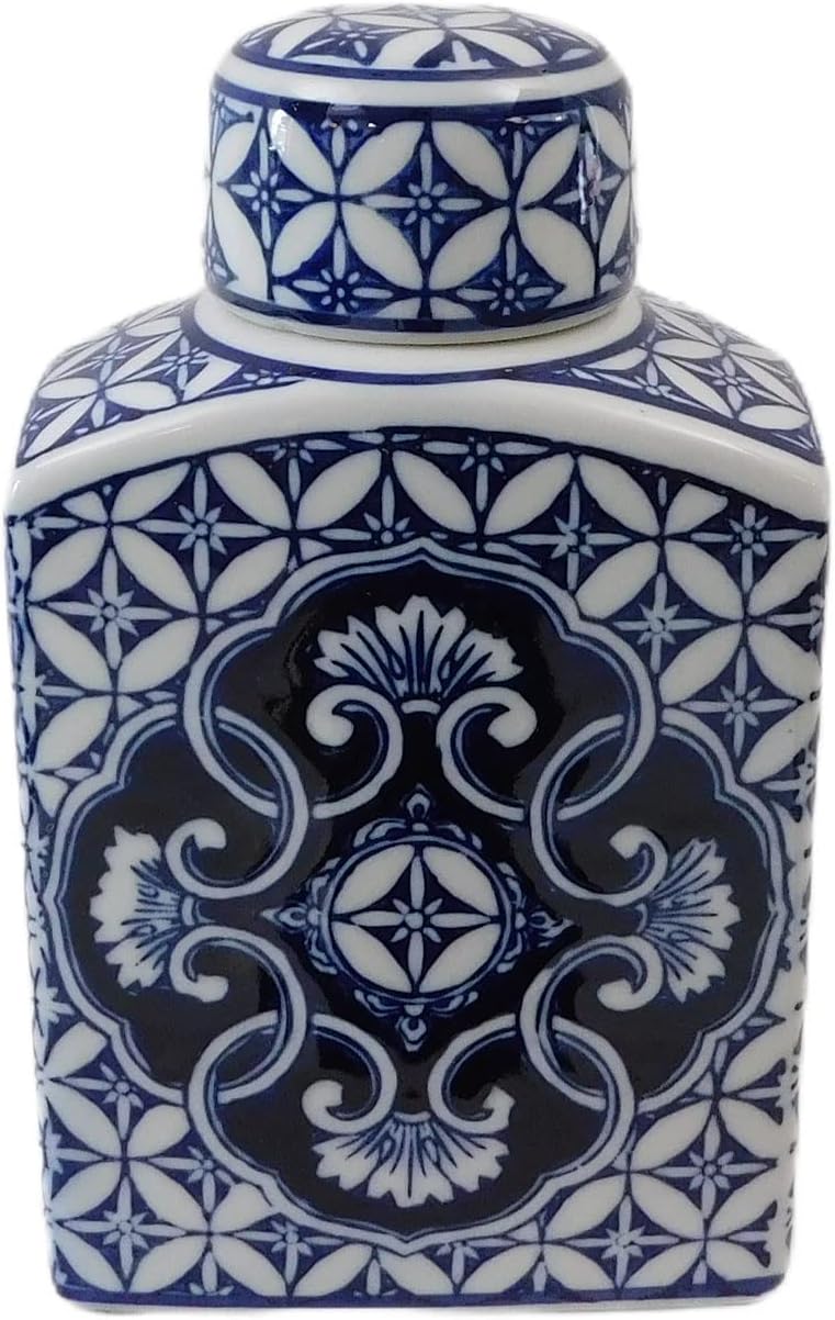 9" Blue and White Oriental Rectangular Tea Jar