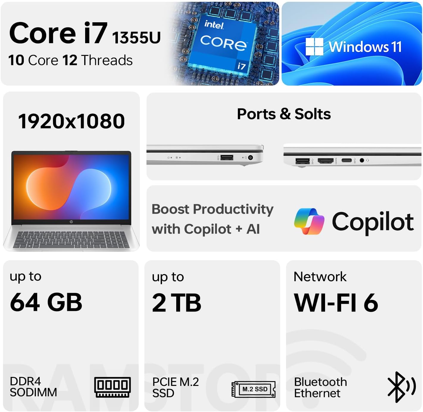 HP 17 Laptop, Intel Core i7-1355U Performance, 16GB RAM, 512GB SSD, 17.3" FHD Display, USB-C, HDMI, Wi-Fi 6, Webcam, Win11 Pro for Business & Productivity, Silver, Bundle with ADATA 64GB Flash Drive