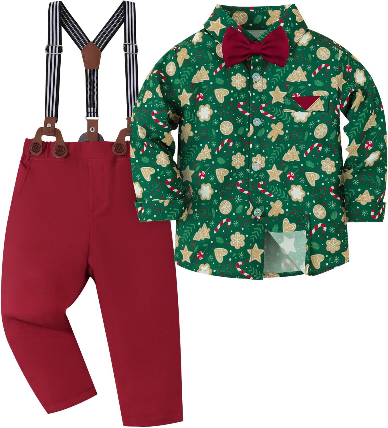 Toddler Boy Suit Set with Suspenders & Bow Tie, Formal Wedding and Christmas Outfits for Holiday Photos 18M-5T