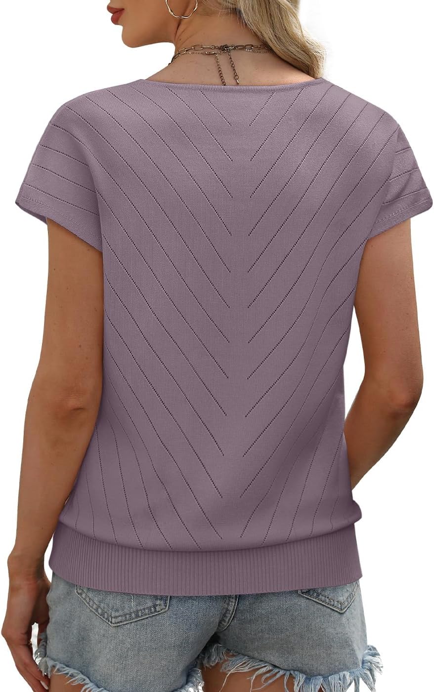 OFEEFAN Womens Sweaters Short Sleeve V Neck Summer Tops Trendy Fashion Business Casual Outfits Dressy Clothes - Image 5