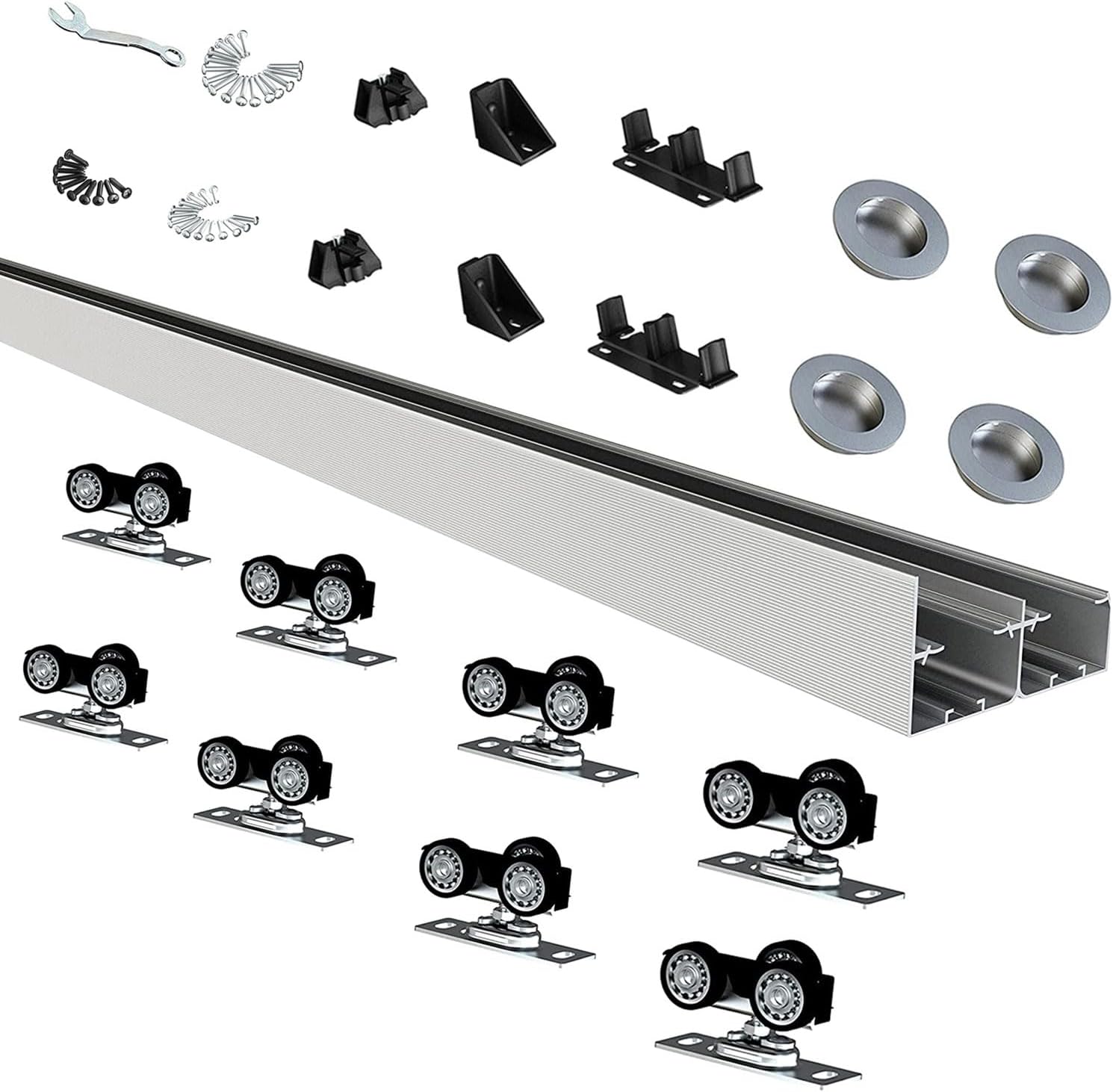 JUBEST 8FT/96″ Bypass Door Hardware,Heavy Duty Aluminum Sliding Closet Door Hardware Set with Finger Pulls for 4 Doors System,Sturdiness and Smoothly,Easy to Insatll,Silver