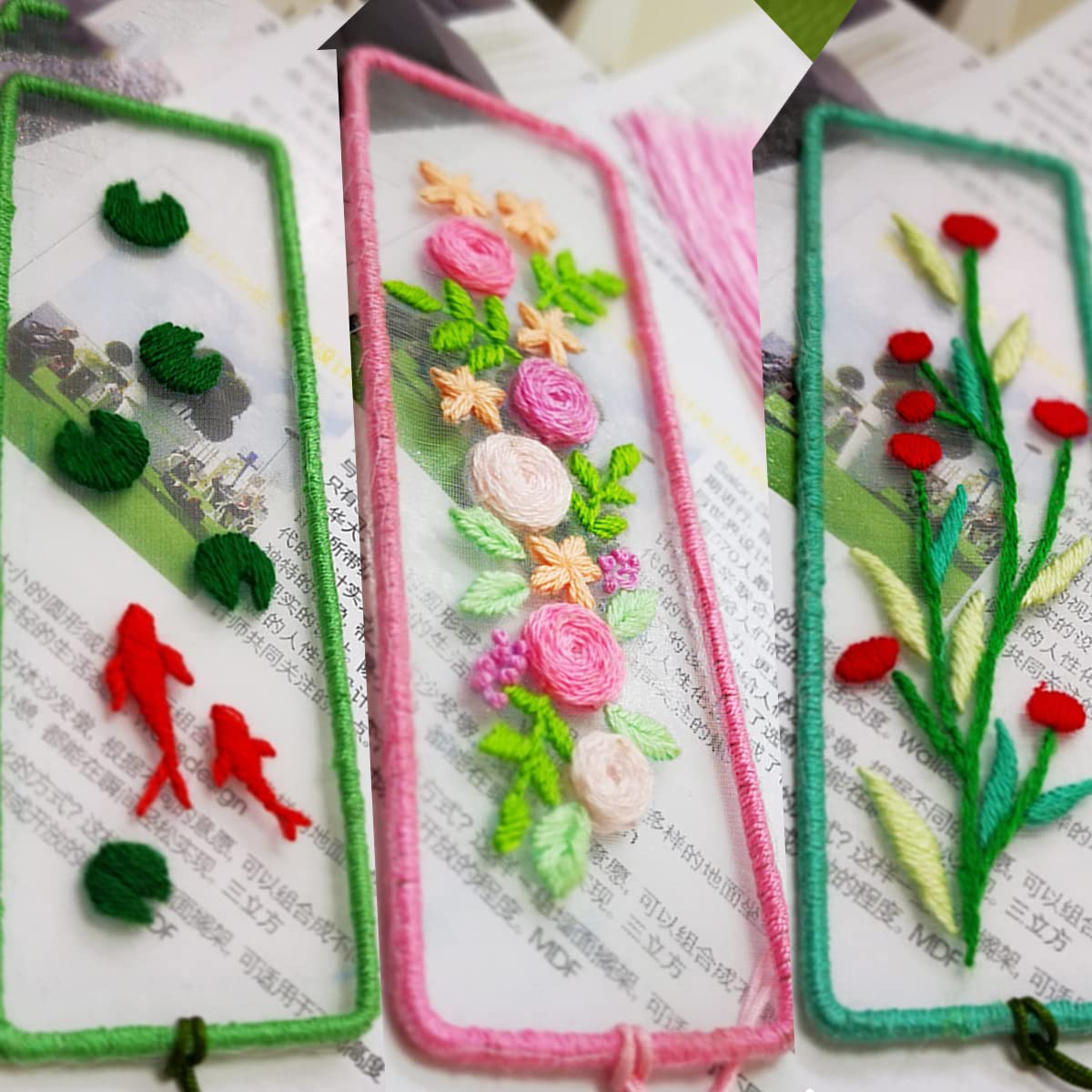 XINSHUN Embroidery Bookmark with Cute Patterns,Transparent Organza Bookmark,Embroidery Kit Christmas Gift for Adults Kids(mix3#,3 pack)