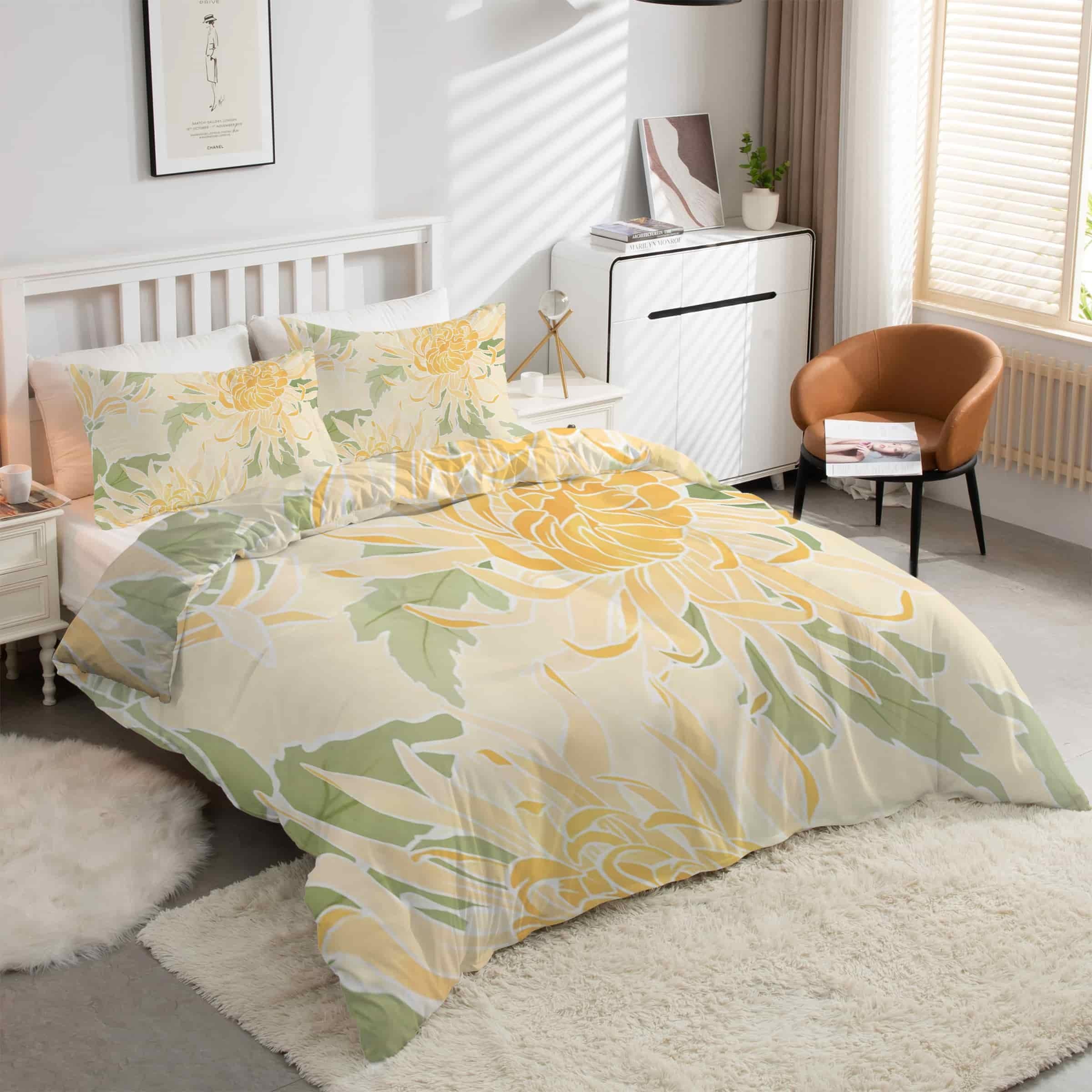 Housse de couette 220x240 microfibre douce anti-plis à fermeture éclair chrysanthème