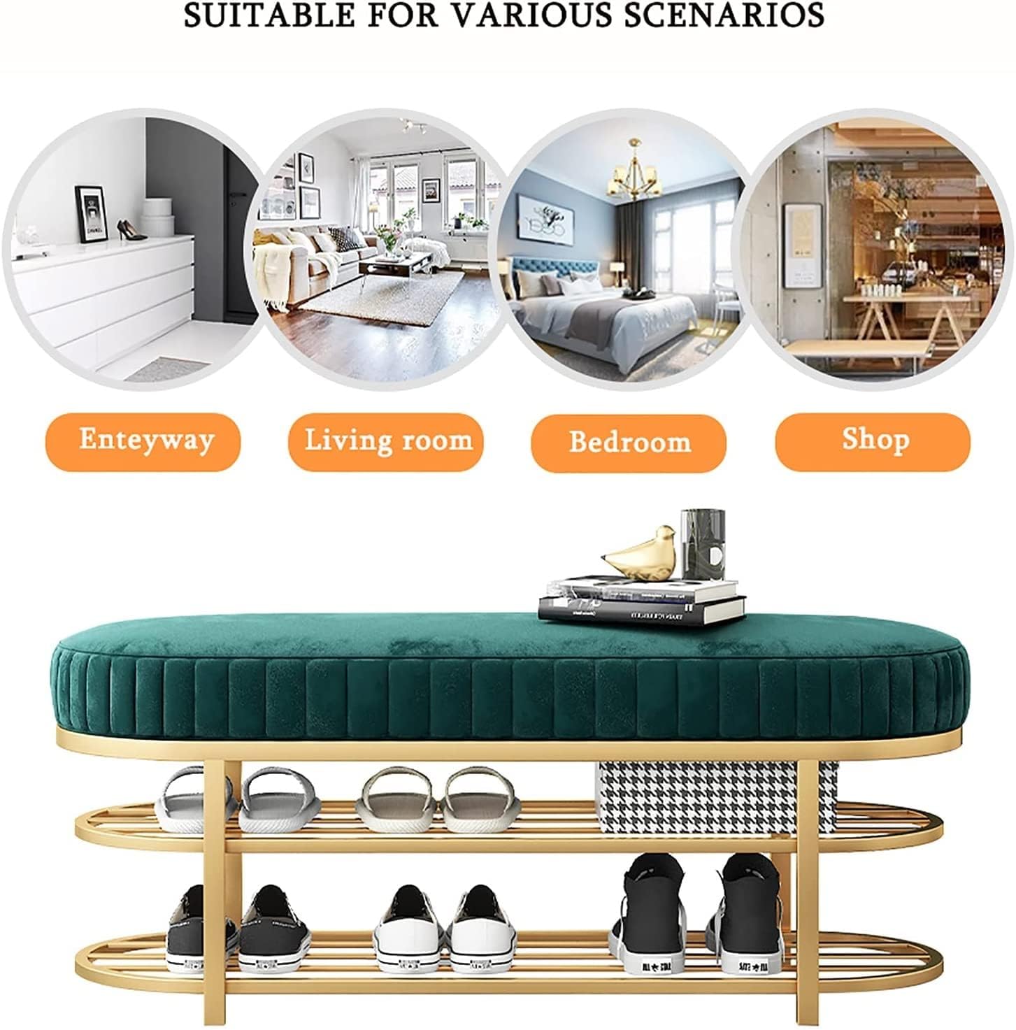 モダンなベルベットの玄関ベンチとゴールドの2段シューズラック