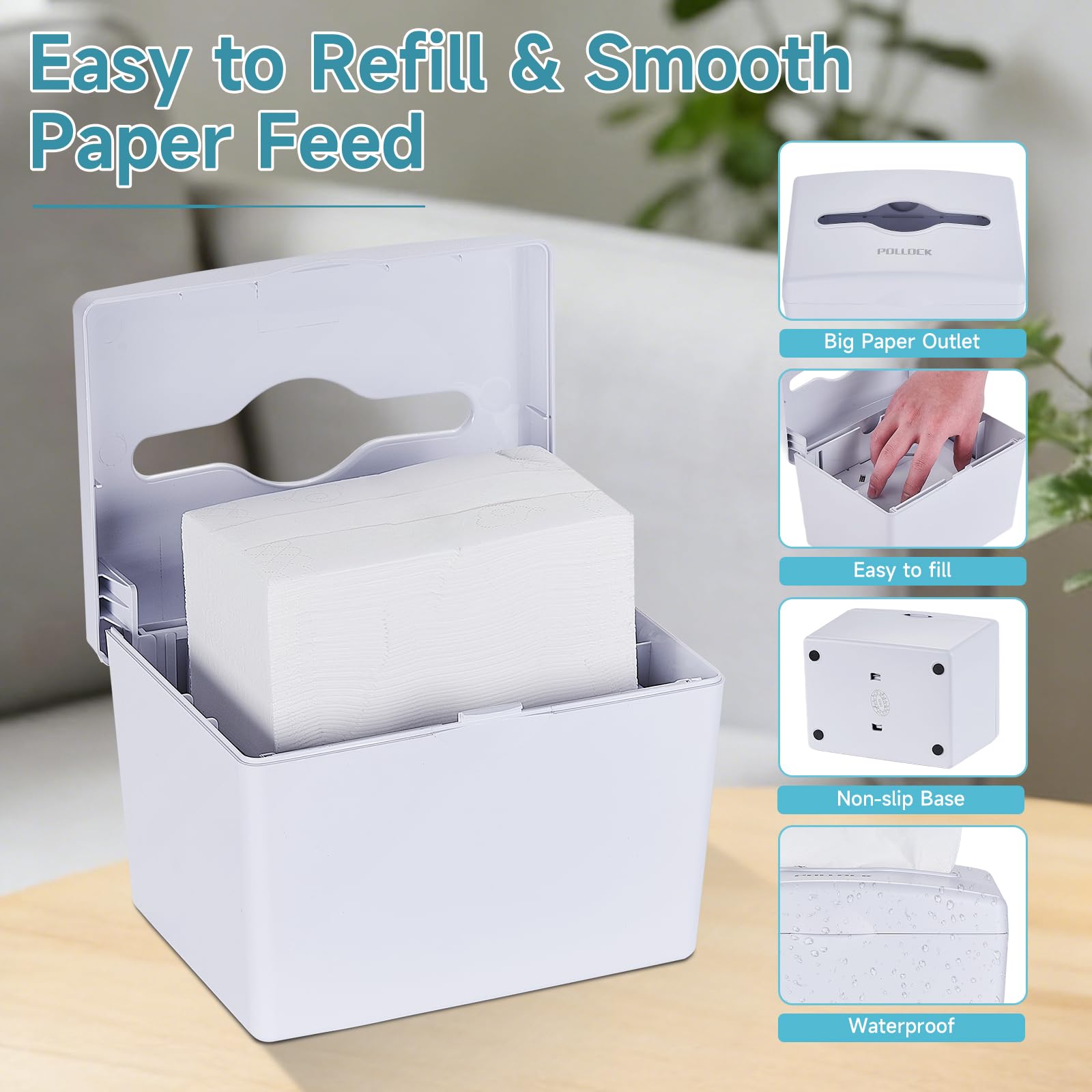Pollock Dispensador de Servilletas de Sobremesa, Toallas de Mano, Papel Secamanos, Base Antideslizante, Gran Capacidad, Blanco