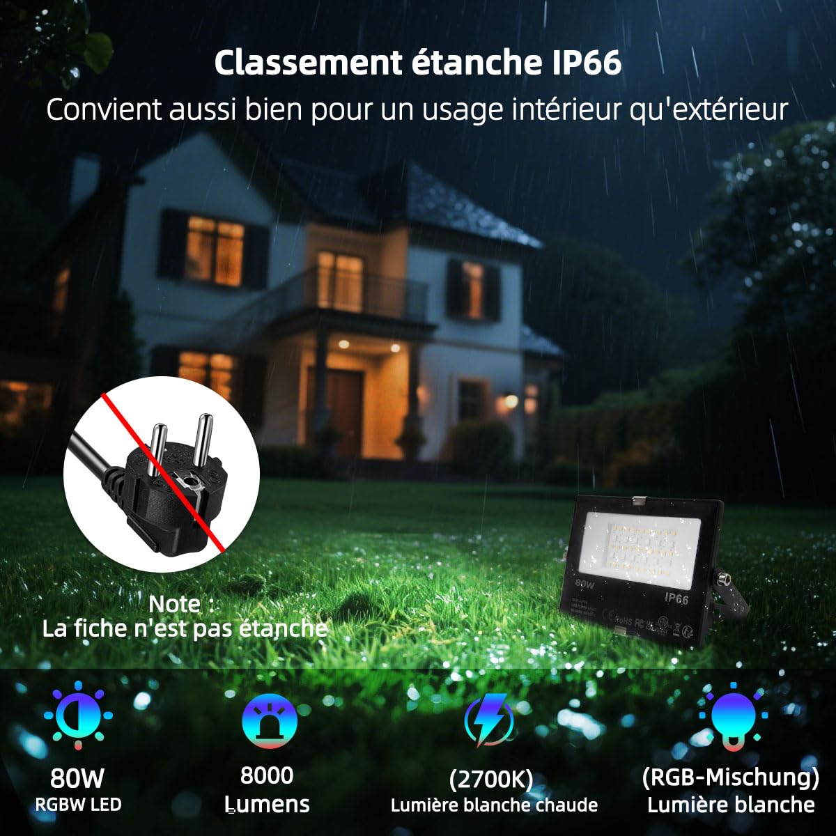 iLC RGB Projecteur LED extérieurs 80W, changement de couleur RGBW équivalent 800W, 16 million couleurs, Minuteur, Regroupement, 8000 lumens, blanc chaud 2700K, IP66 étanche
