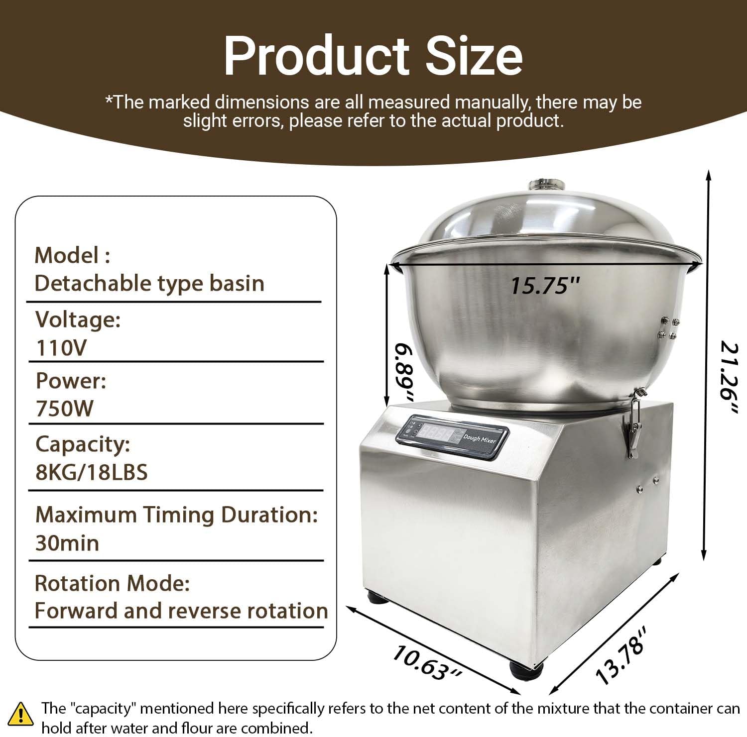 8KG/18LBS Detachable Basin Type Dough Mixer, Stainless Steel Dough Mixer Machine, Dual Rotating Kneading Machine for Flour Meat Pie Sauce Mixing Kneading