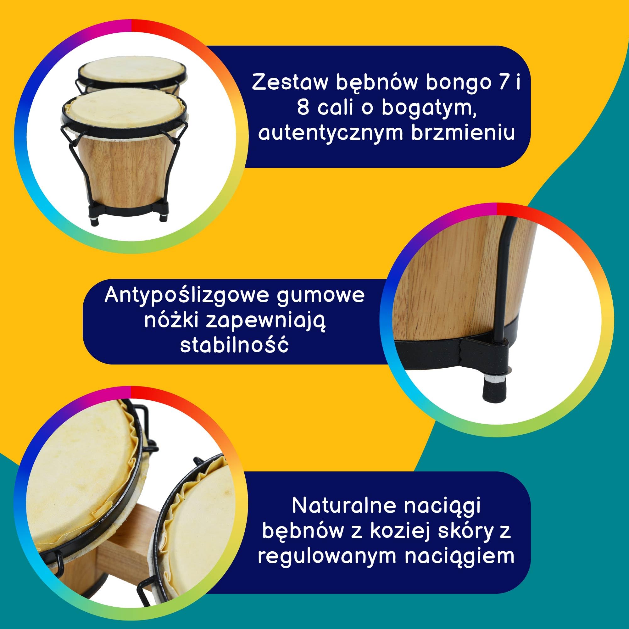 A-Star Zestaw perkusji Bongo 7" i 8" - lite drewno z naciągami z naturalnej skóry i kluczem do strojenia