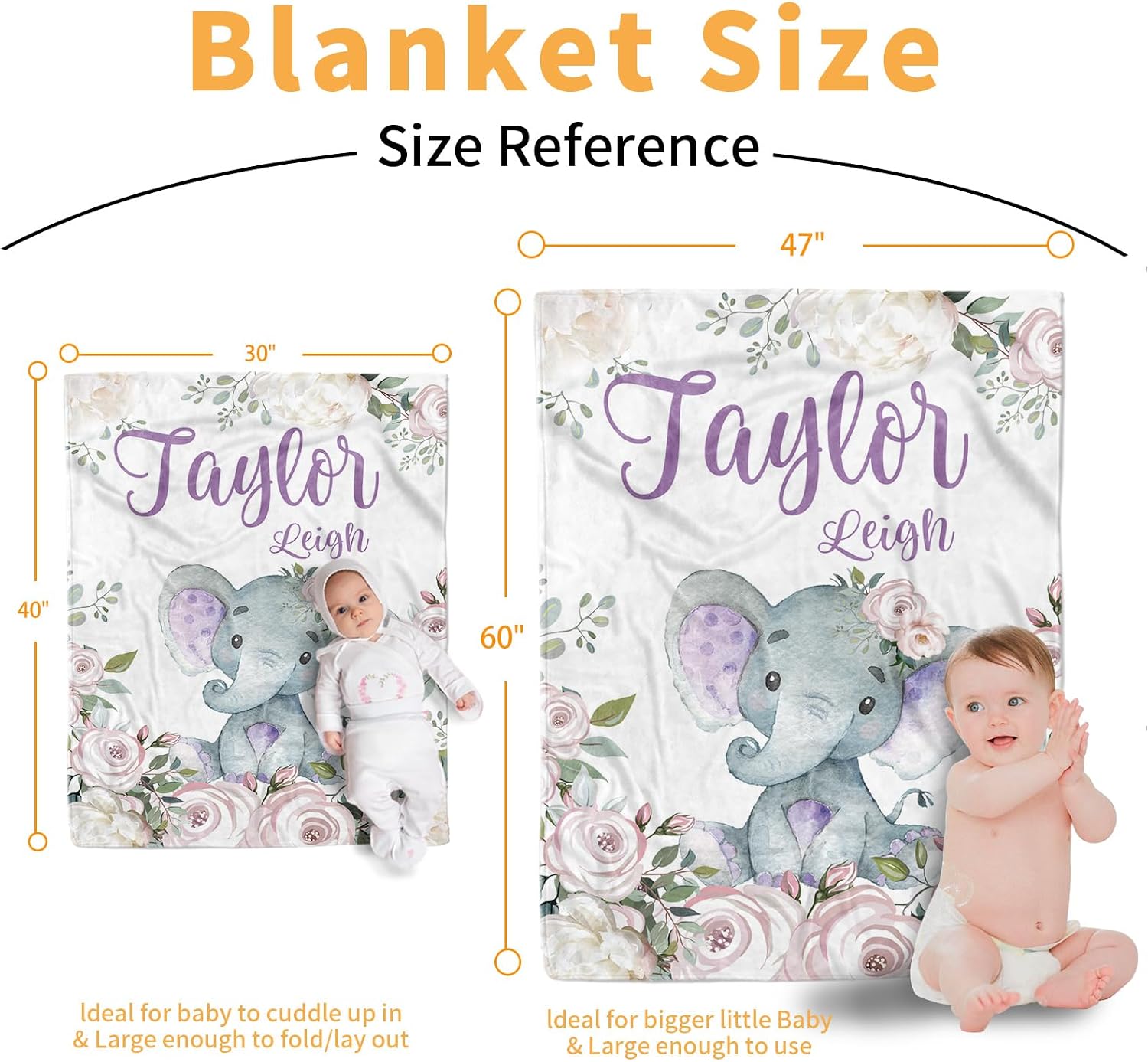 Custom Baby Blanket - Soft Plush Blanket with Double Layer Dotted Backing for Boys Girls - Personalized Name with Animal Design Elephant04(30"x40")