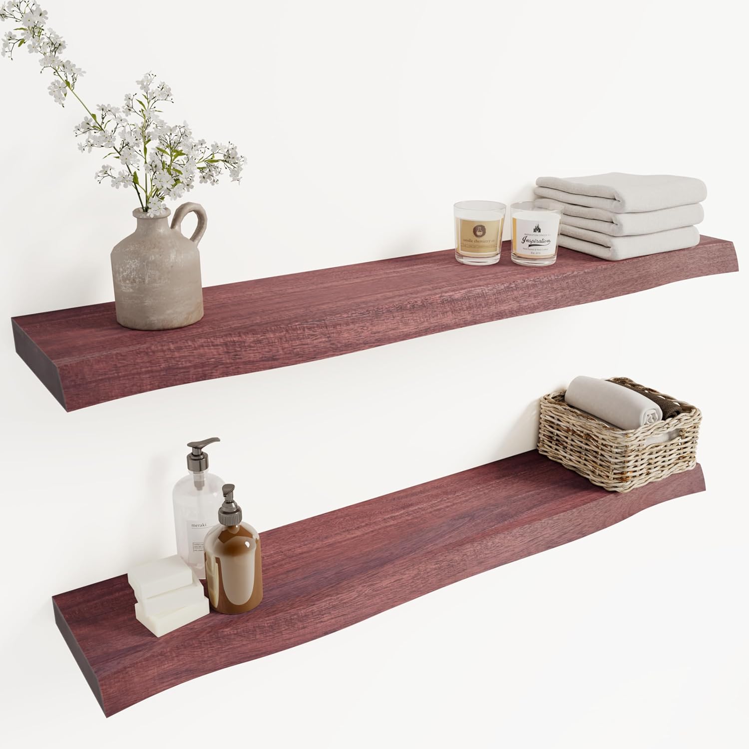 Howizz 36" Acacia Live Edge Floating Shelves Set of 2 - Wall Mounted Wooden Shelf for Stylish Home Décor - Cherry Color 36x7.5x1.5 Inches