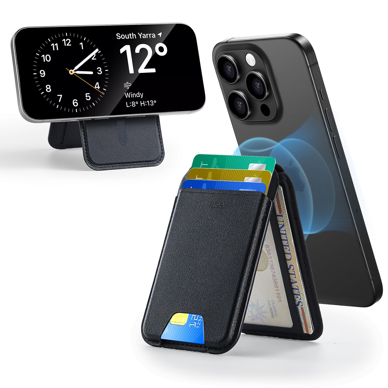 ESR Upgraded for MagSafe Wallet, 5 Card Holder, RFID Blocking, Magnetic Wallet for Phone with Adjustable Stand, Slim for iPhone 16/15/14/13/12 Series, Not for Mini, Vegan Leather, Black