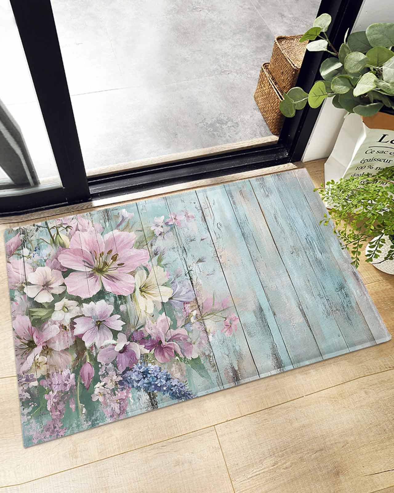 Indoor Doormat Rustic Lily Lavender on Wood,Shaggy Floor Mat with Non-Skid Backing Watercolor Pastoral Blossom Floral,Machine Washable Plush Area Rug Carpets for Kitchen Nursery Bedroom
