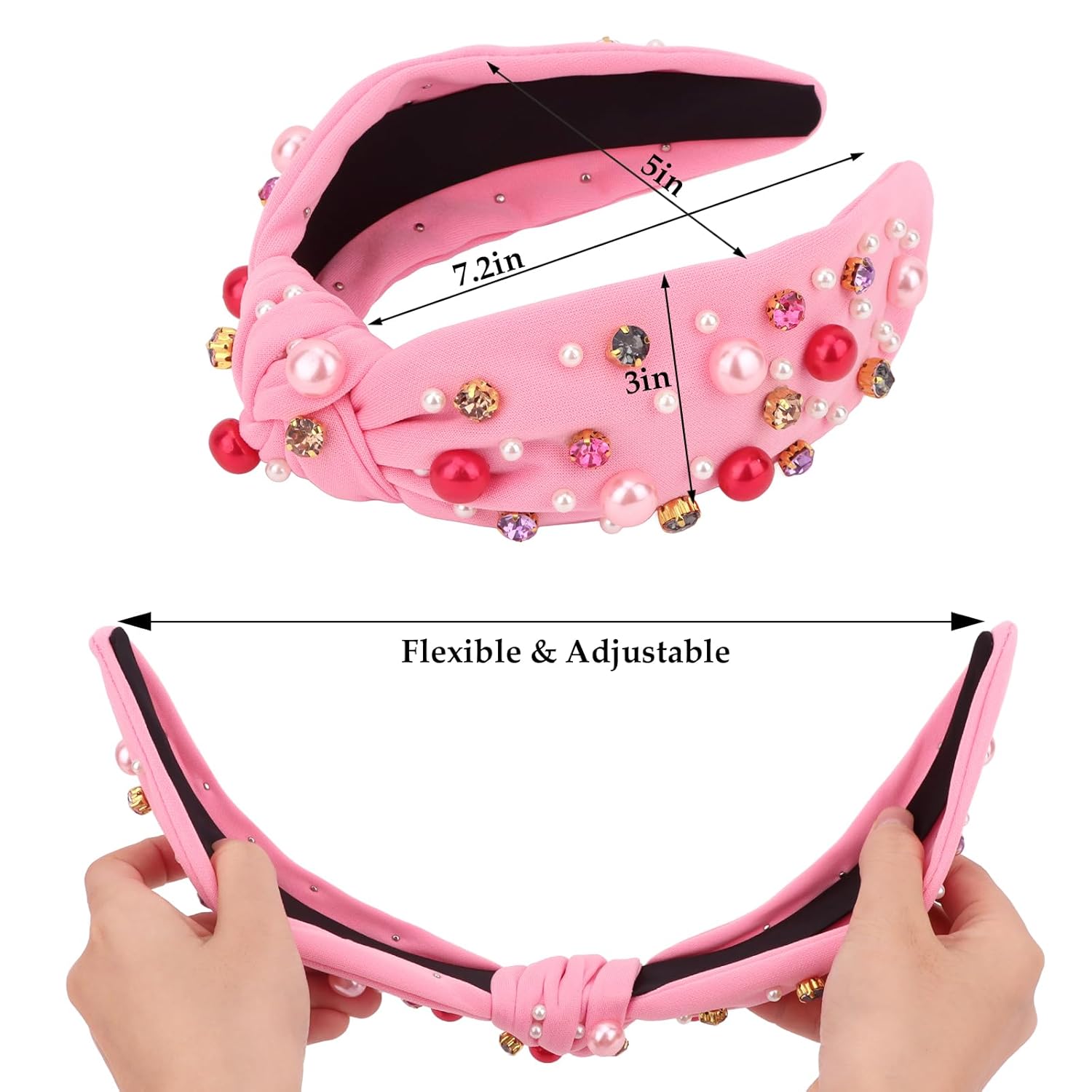 CURASA Valentine's Day Headband For Women Girls Hot Pink Pearl Rhinestone Hairband Love Heart Knotted Headbands Crystal Jeweled Wide Top Knot Headpiece Valentines Hair Accessories Party Holiday Gifts - Image 2