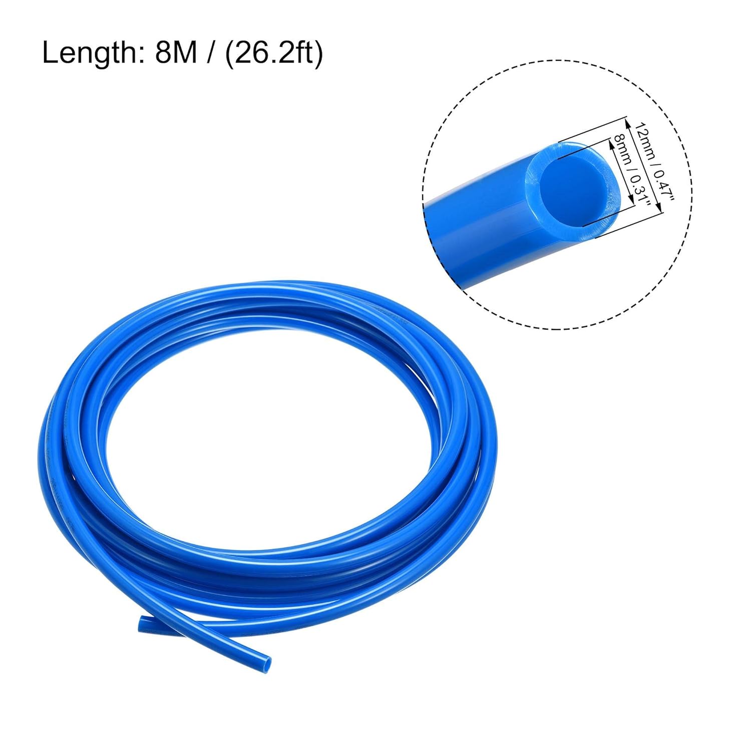 uxcell Pneumatic Tubing, Air Compressor Tube Hose PU Air Line Hose 8mm ID x 12mm OD x 8m/26.2Ft Blue