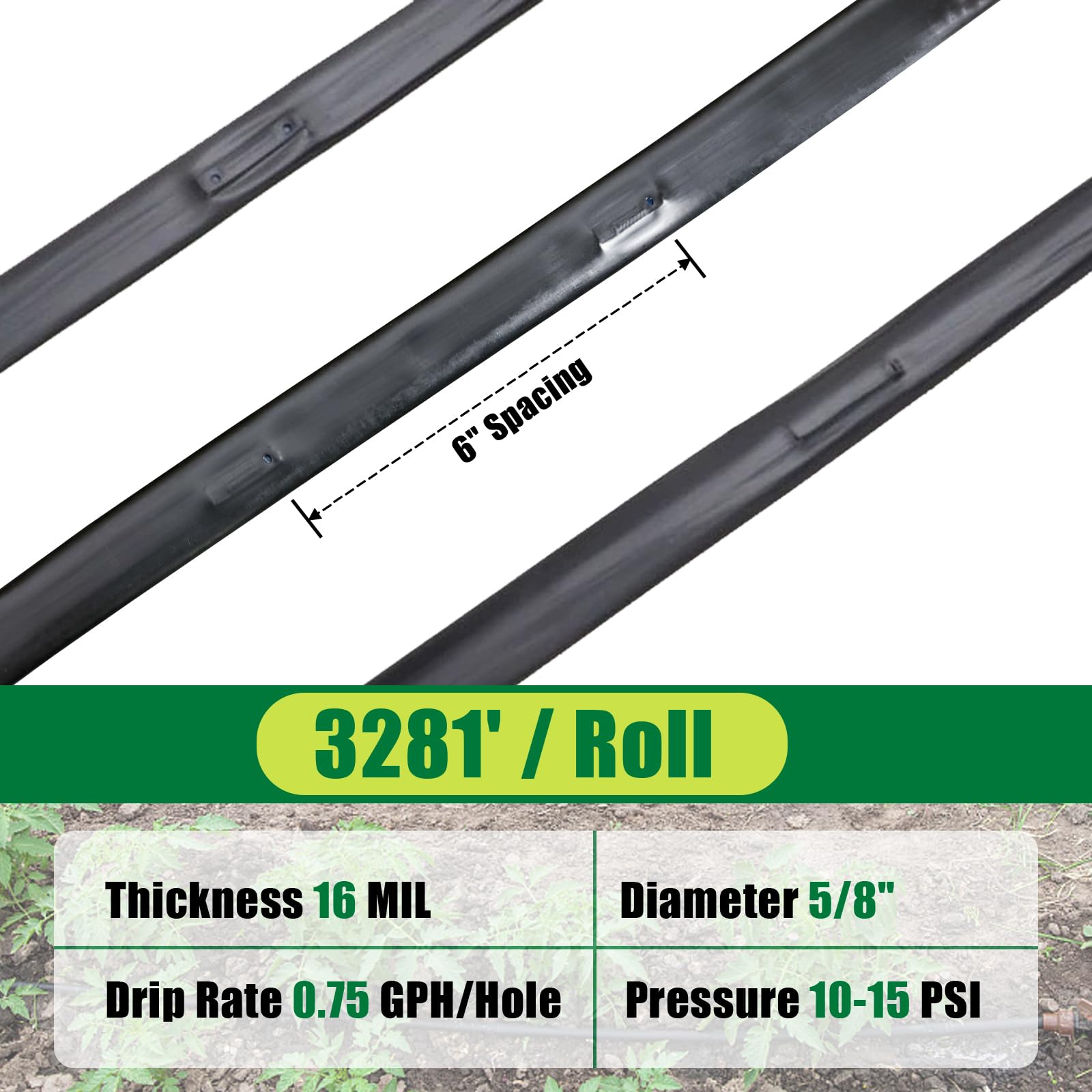 Cinta de goteo de 5/8 pulgadas de 3281 pies, rollo de espaciado de 6 pulgadas, manguera de tubo de riego de jardín de 16 mil, riego de cinta de goteo ajustable, sistema de riego automático por goteo