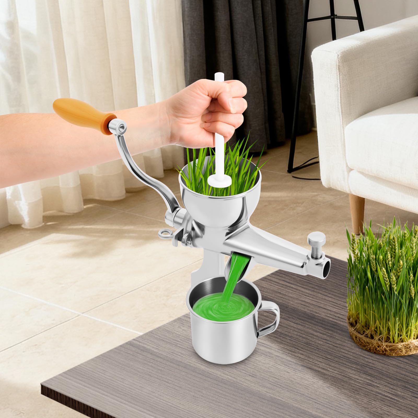 Exprimidor manual de hierba de trigo, exprimidor manual de frutas y verduras, prensa manual con colador y cepillo de limpieza, abrazadera de mesa de acero inoxidable, prensa manual de bayas para