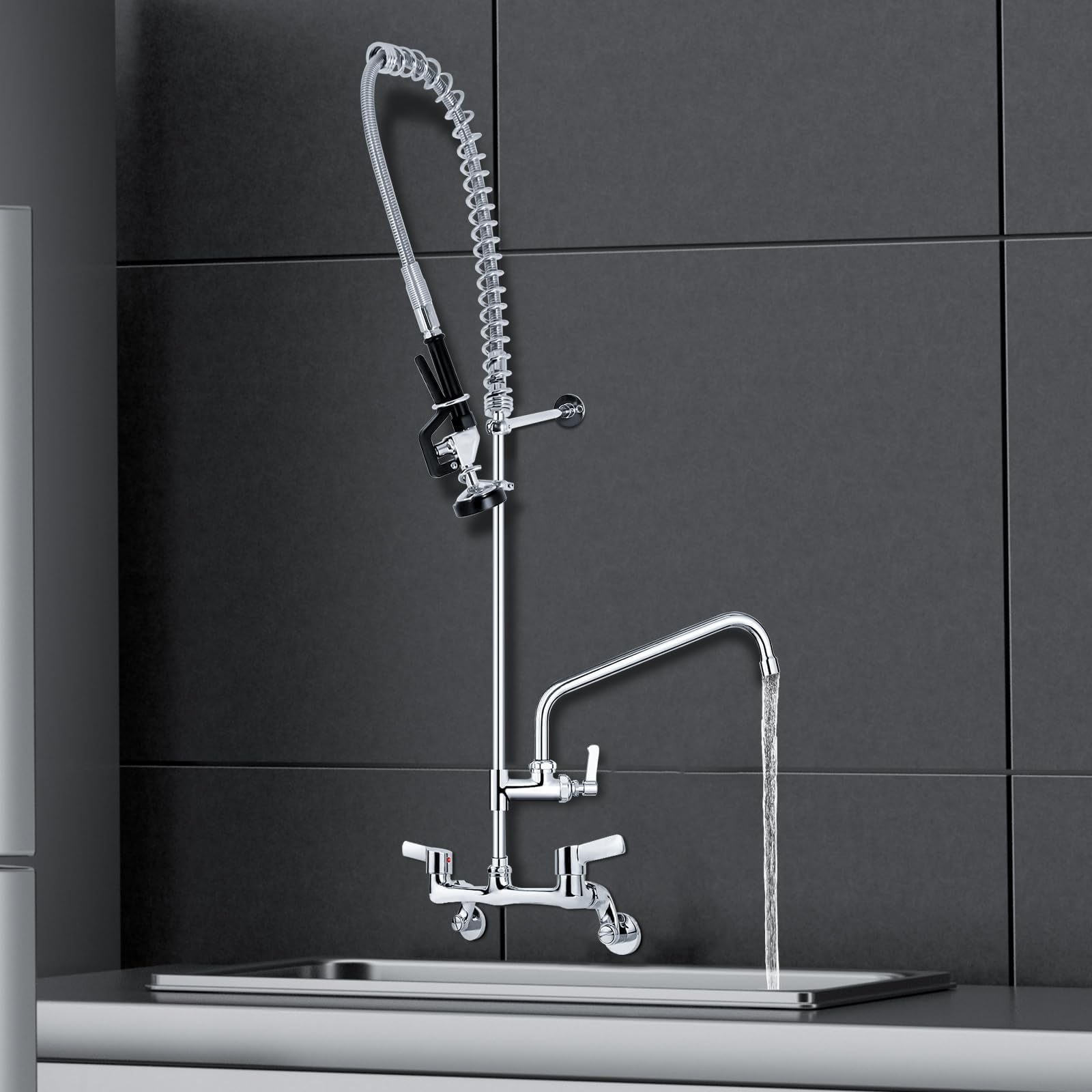 TAIMIKO Robinet de cuisine de Douche Mitigeur mural 2 trous,4-8''centre réglable Robinet mitigeur d'eau froide et chaude,Poignée ergonomique Douchette industrie,pour évier de cuisine avec pulvérisatio