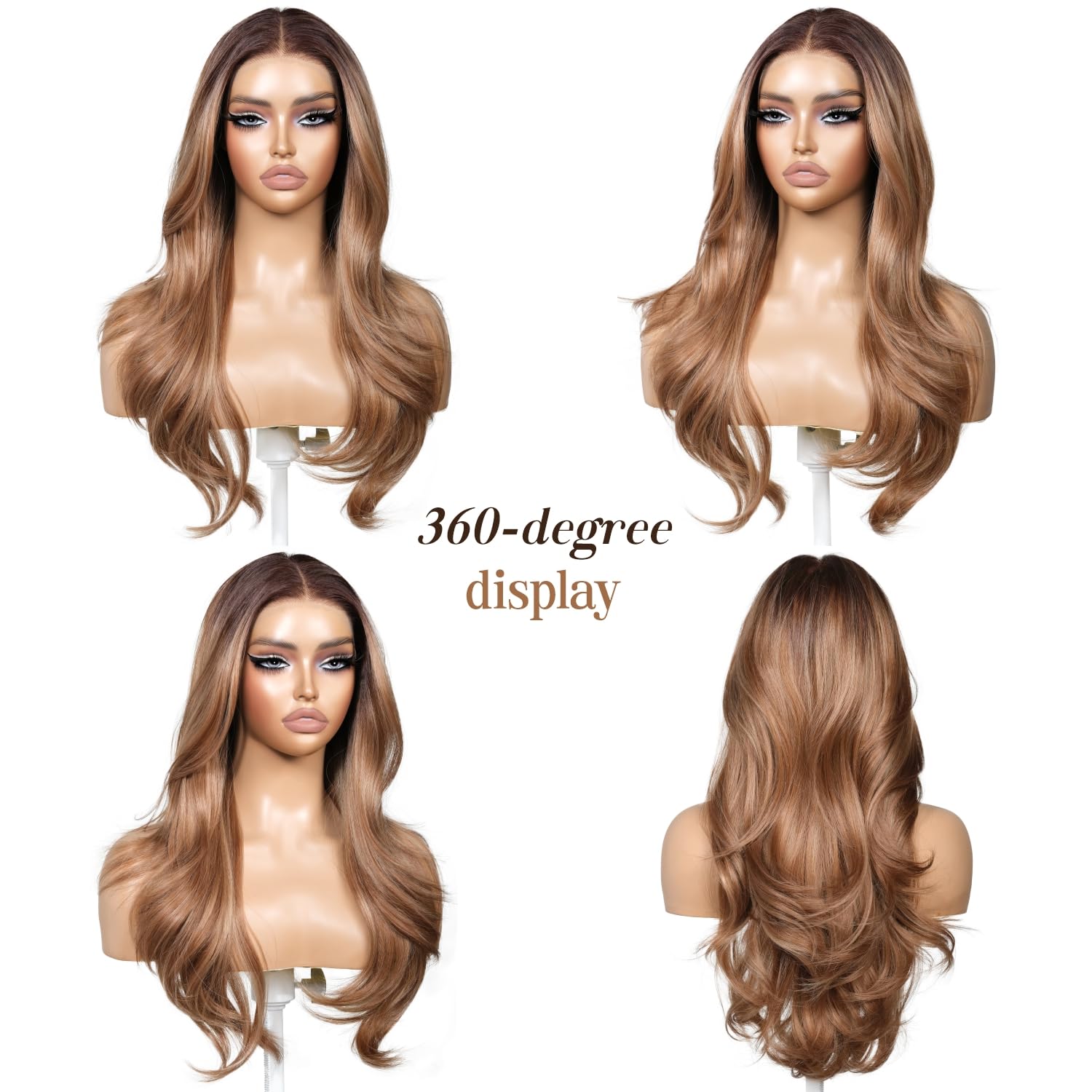 Strawberry Blonde Synthetic Lace Front Wig for Women 13x4 Layered Pre Cut HD Lace Glueless Highlight Wig with Bangs Body Wave Wear and Go 23 Inch