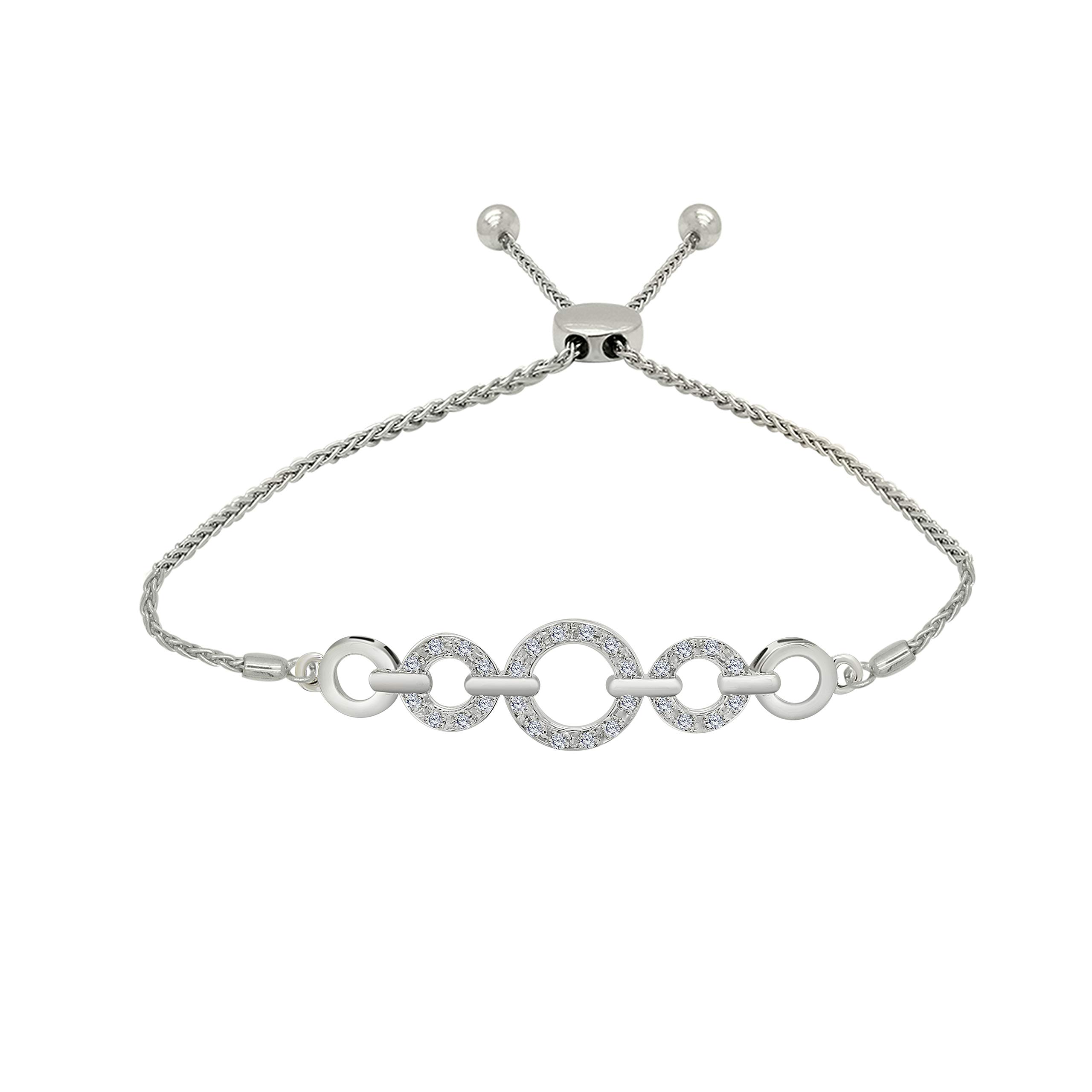 OMEGA JEWELLERY 14K White Gold Round Cut Natural Diamond Triple Link Circle Adjustable Bolo Bracelet (0.08 Cttw, I2-Clarity, J-Color)