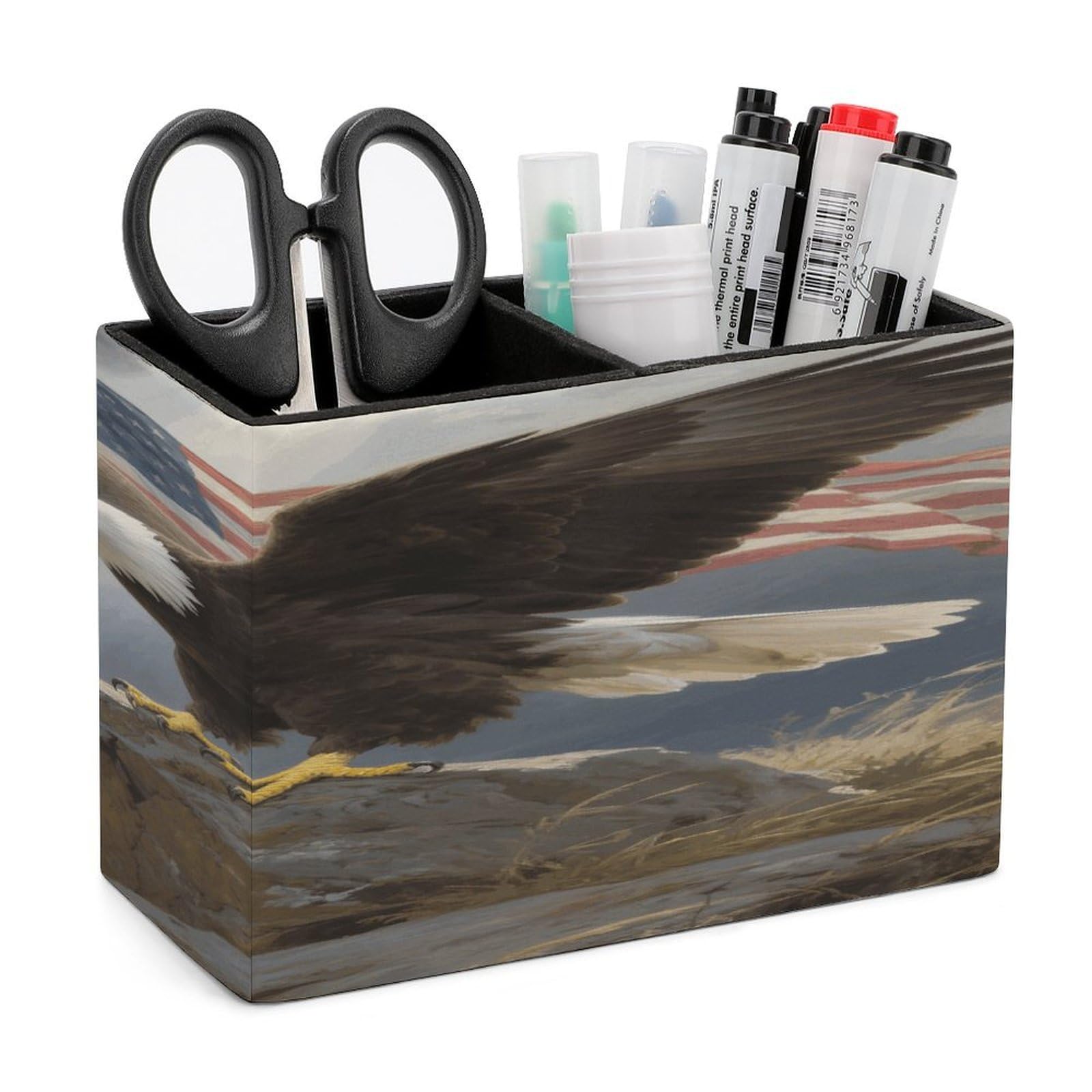 VstaDank Patriotic American Eagle Pen Holder Double Compartments Pen Cup Fashion Makeup Brush Holders Leather Pencil Holder for Work Locker Accessories Modern Pencil Cup for Desk Organizer