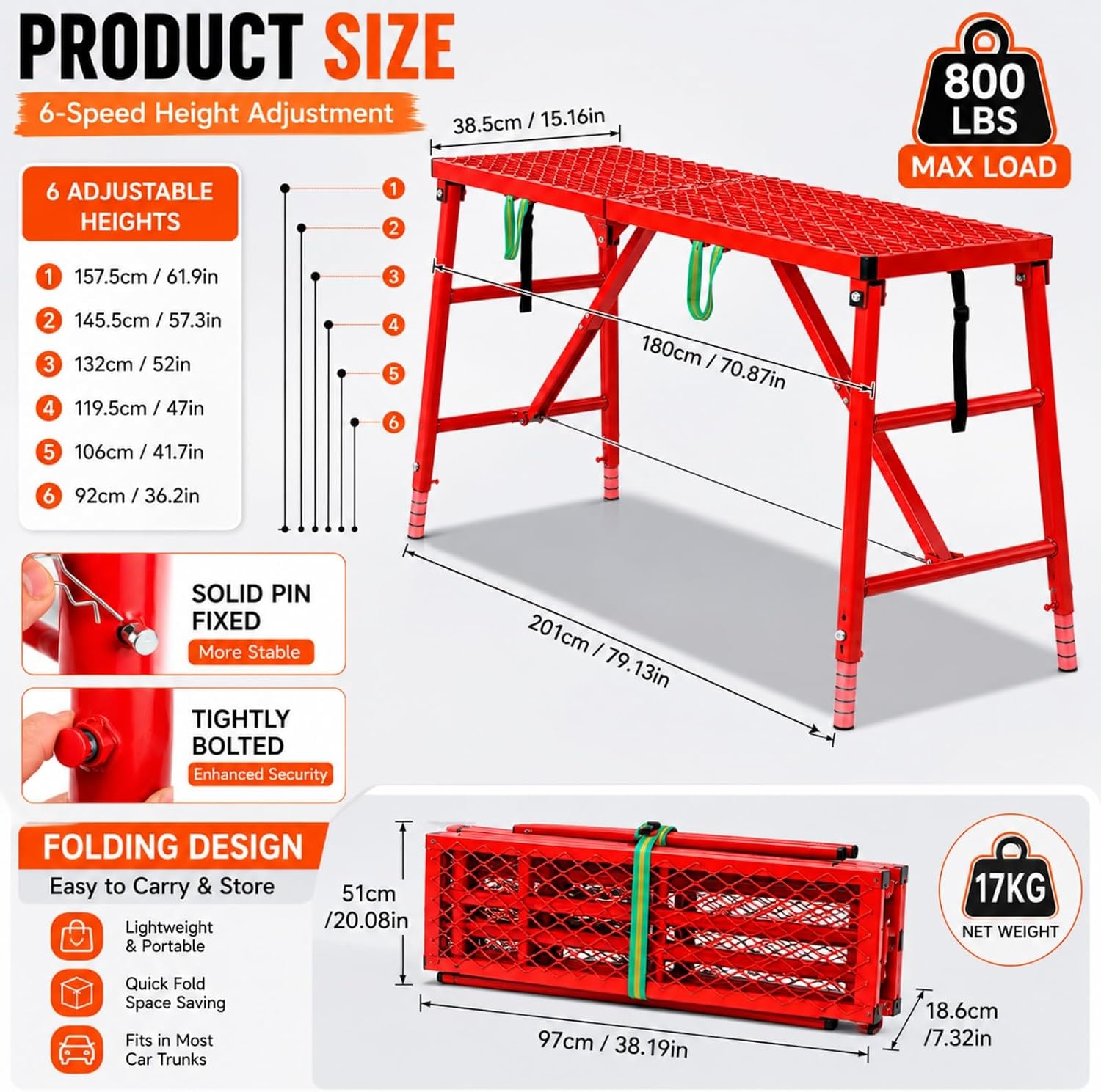 Foldable Scaffolding Platform 70.8" × 15.8", Adjustable Height 36.2"-61.9", 800 lbs Capacity Portable Work Platform, Heavy Duty Folding Scaffold for Painting, Repair, Home & Garage (70.87" × 15.75")