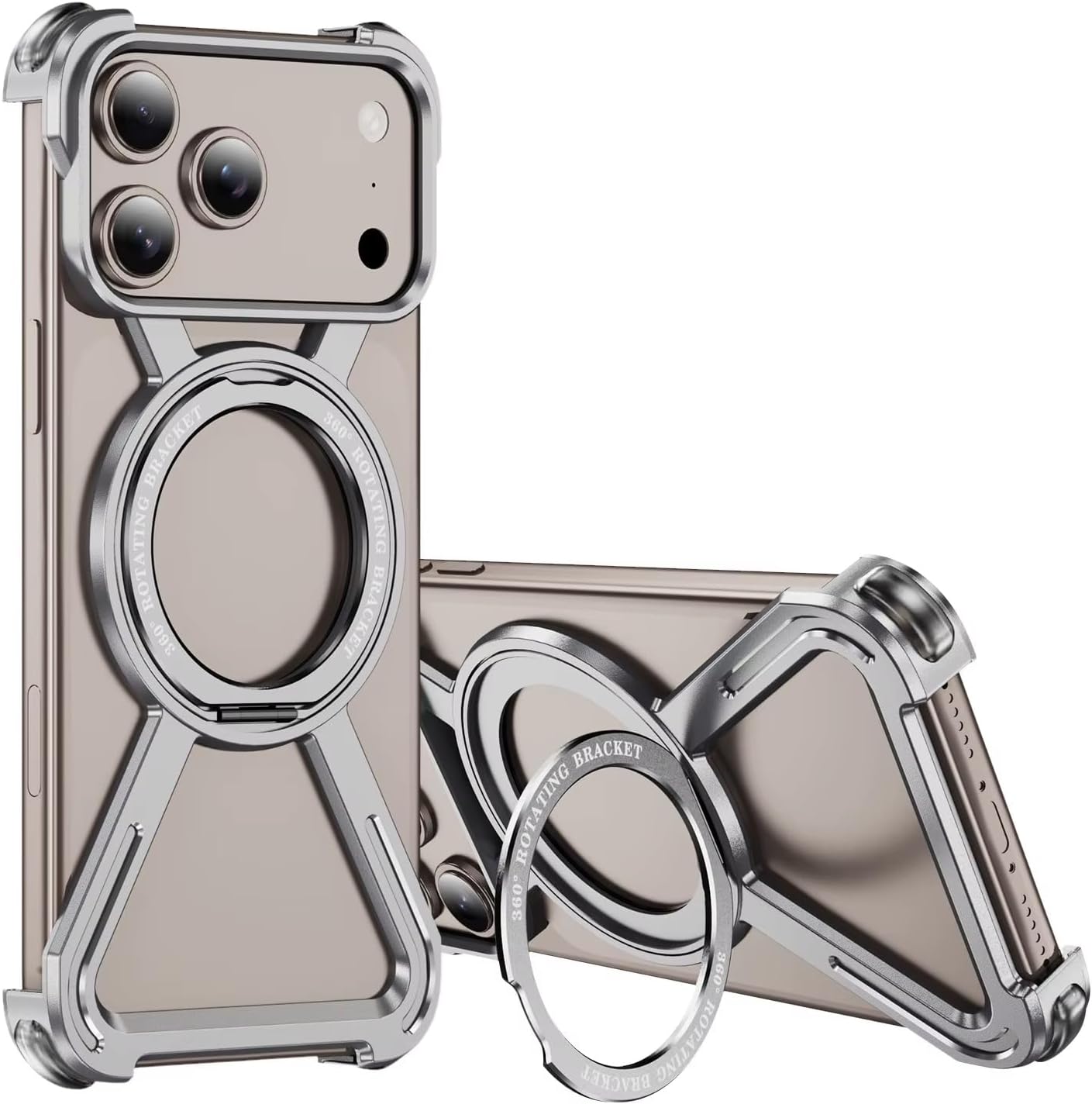 for iPhone 17 Pro Case, Full Metal Body Slim Protective Cover with 360 Rotating Stand Heavy Duty Shockproof Armor Rugged Frame Drop Resistant Phone Case, Gray