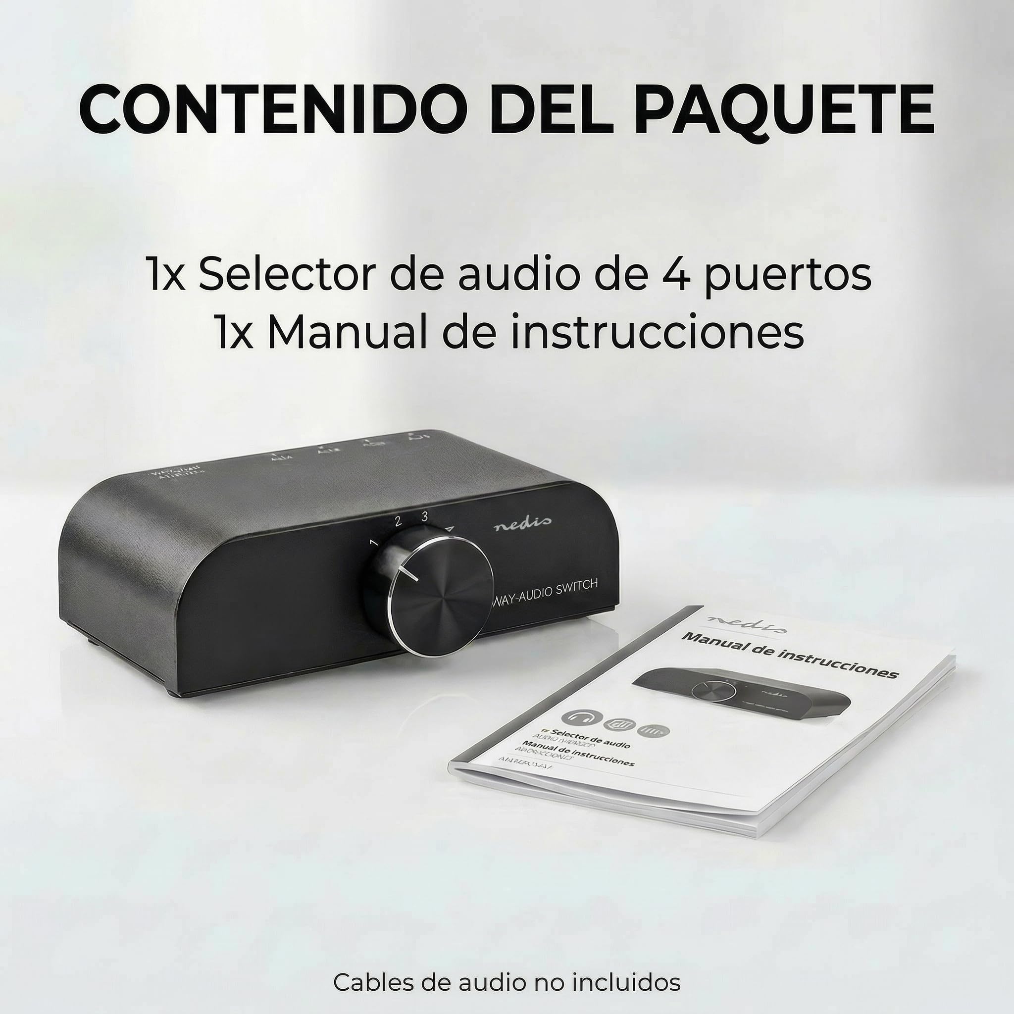 Nedis Interruptor de Audio analógico, Puerto de 4 Puertos, Conexiones, Entrada: 1 Entrada de Audio de 3,5 mm / 3 x (2 Conectores RCA Hembra), Conexiones, Salida: 1 x (2 Conectores RCA) | Manual |