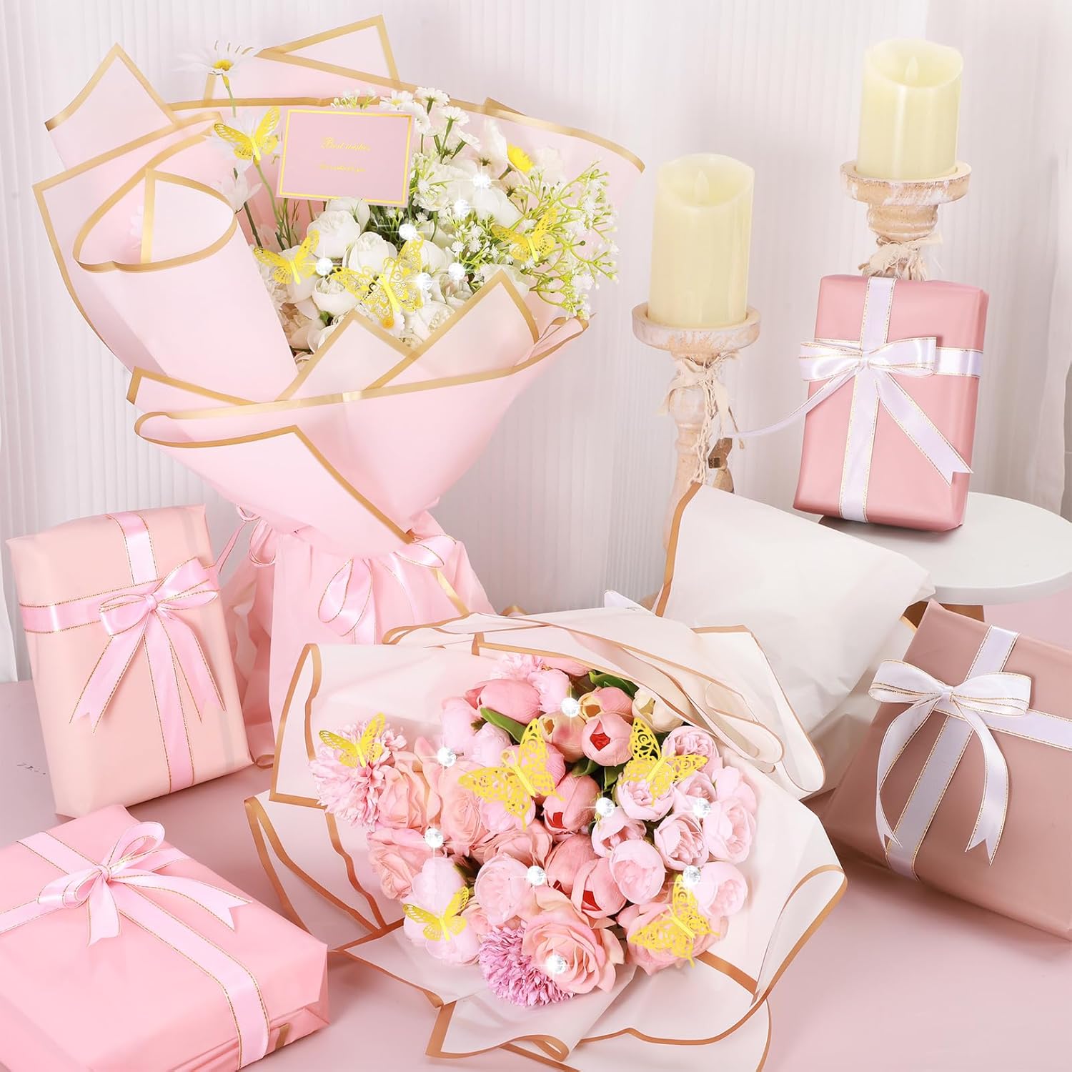 woric 93 Pcs Flower Bouquet Wrapping Paper Kits, 20 Sheets Waterproof Floral Wrapping Paper 10 Greeting Cards 12 Butterfly 50 Flower Pins 1 Roll Ribbon for Graduation Birthday Party Favor