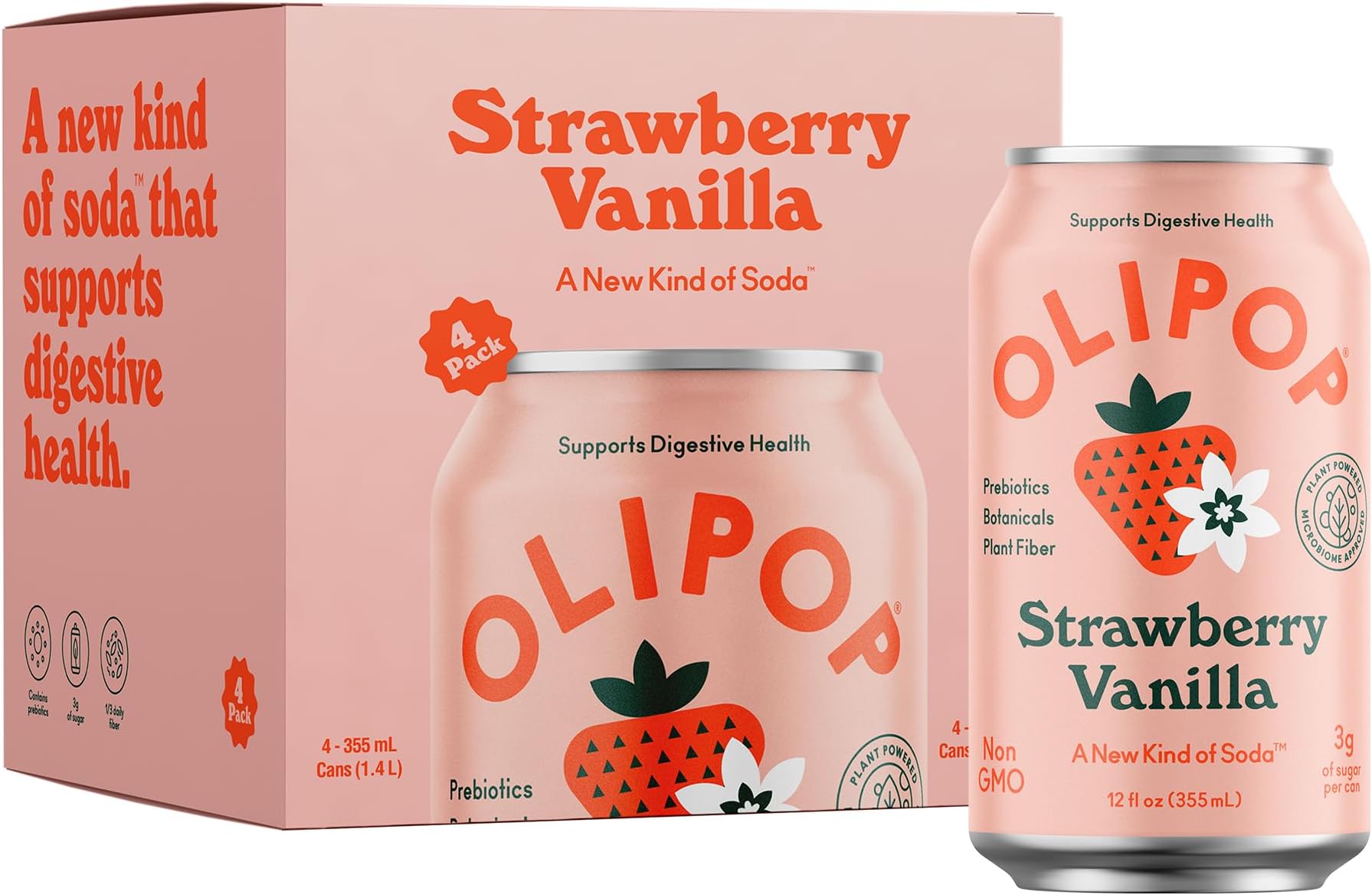 OLIPOP - Strawberry Vanilla Sparkling Tonic, Healthy Soda, Prebiotic Soft Drink, Aids Digestive Health, Contains Prebiotics & 9g of Plant Fiber, Caffeine Free, Low Calorie, Low Sugar (12 oz, 4-Pack)