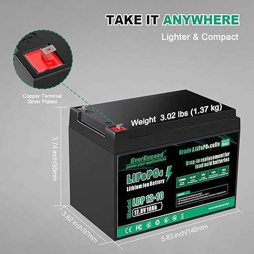 Miniatura 3 de EverExceed Batería LiFePO4 de 12 V 10 Ah integrada 10 A BMS, 3000 ciclos profundos de 12 V batería de litio para buscador de peces, cortacésped,