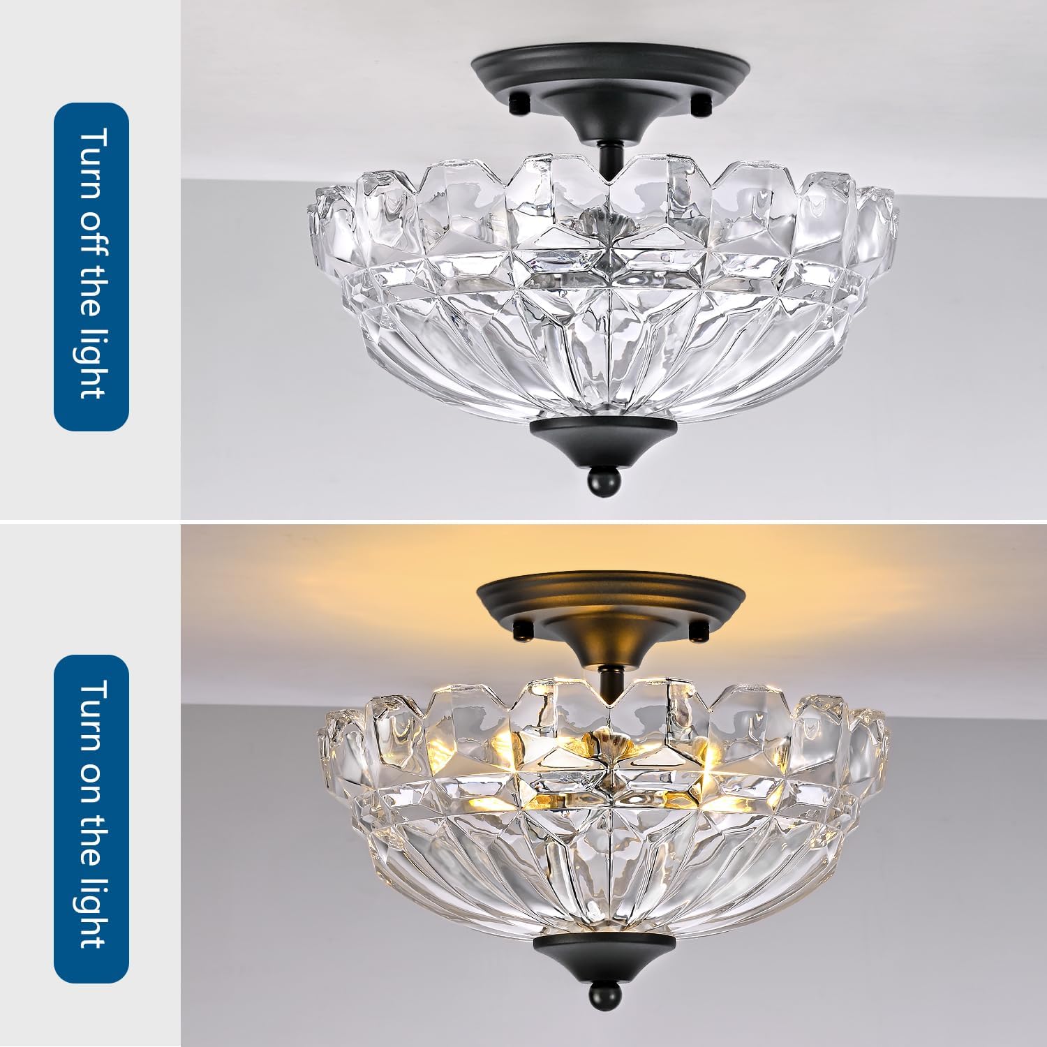 Semi Flush Mount Ceiling Light, 3-Light Kitchen Ceiling Lighting Fixtures with Clear Glass Lampshade, Black Modern Chandelier for Living Room Bedroom Hallway